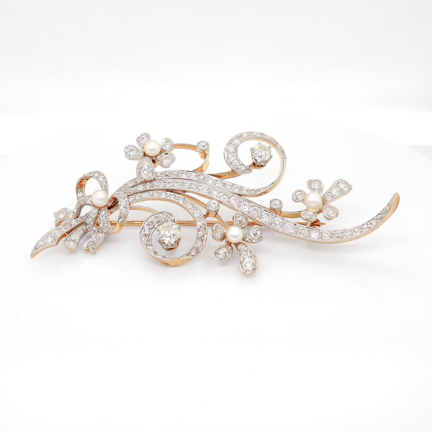 Mid-Century Modern 14K White & Yellow Gold, Diamond, & Pearl Floral Brooch For Sale 3