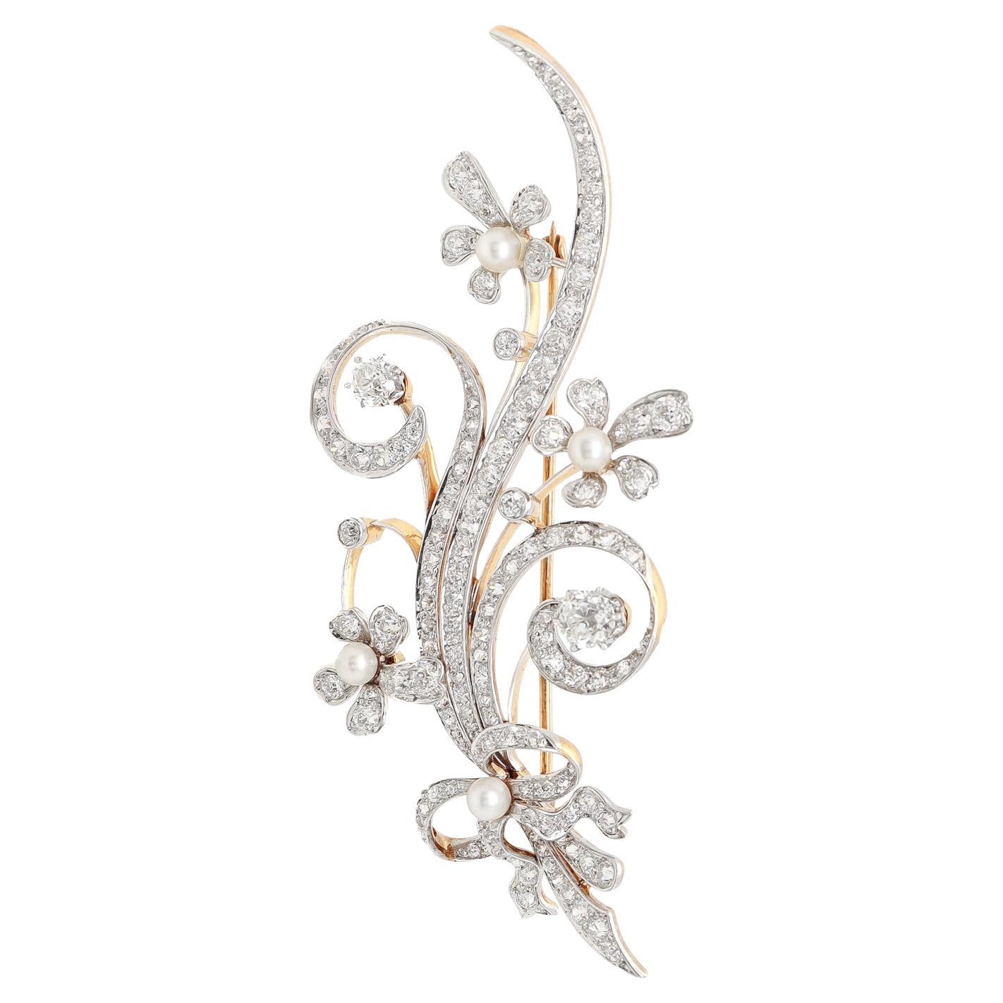 Mid-Century Modern 14K White & Yellow Gold, Diamond, & Pearl Floral Brooch