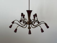 Mid-Century Modern 15-Armed Burgundy Brass Large Ceiling Lamp, 1950s, Italy