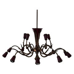 Mid-Century Modern 15-Armed Burgundy Brass Large Ceiling Lamp, 1950s, Italy