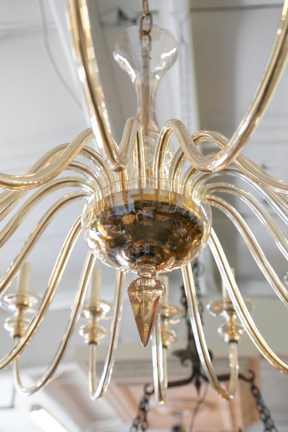 Brass Mid-Century Modern 18-Arm Champagne Glass Murano Chandelier