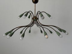 Mid-Century Modern 18-Armed Green Brass Large Ceiling Lamp, 1950s, Italy
