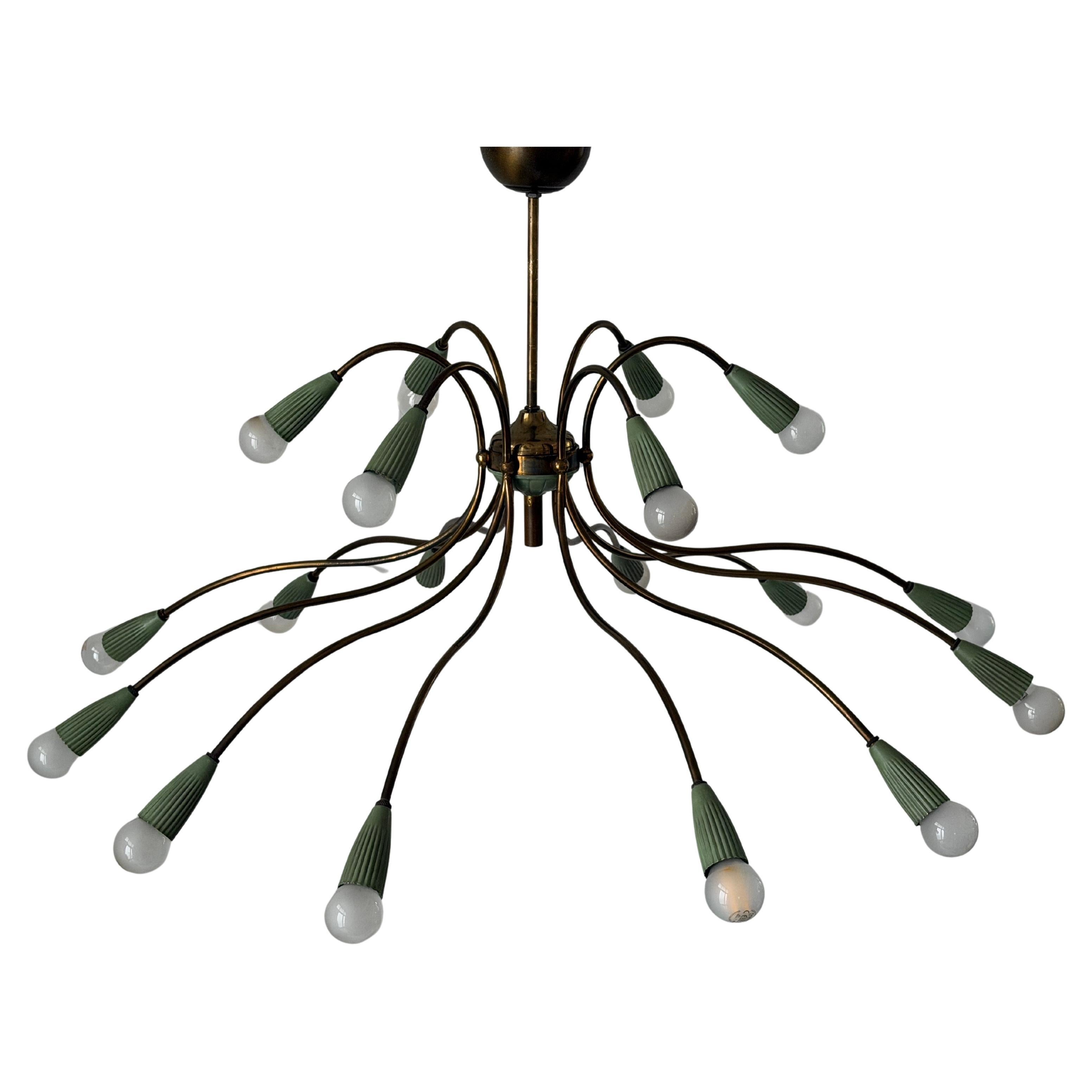 Mid-Century Modern 18-Armed Green Brass Large Ceiling Lamp, 1950s, Italy