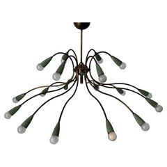Mid-Century Modern 18-Armed Green Brass Large Ceiling Lamp, 1950s, Italy