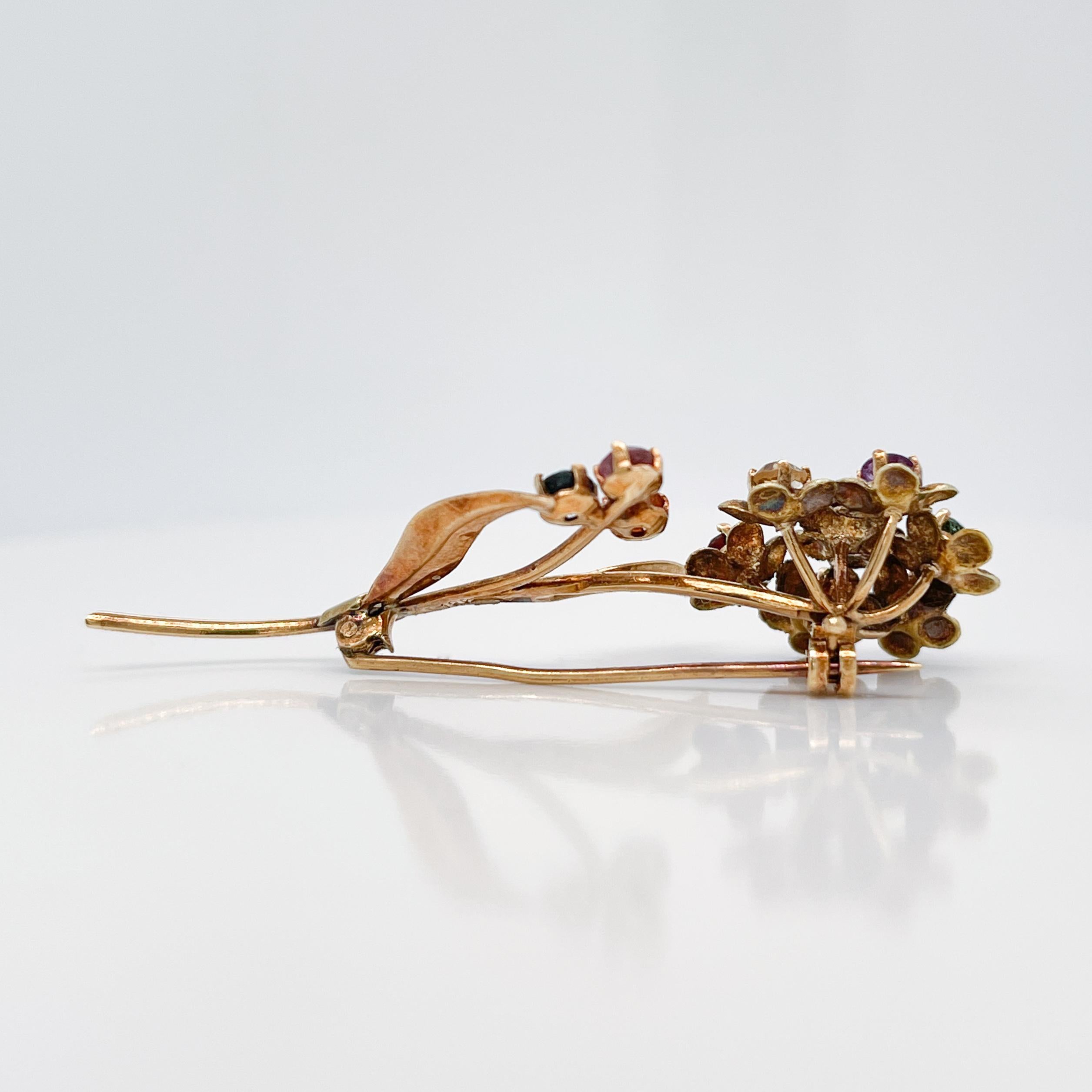 Round Cut Mid-Century Modern 18 Karat Gold & Multi-Gemstone Flower Brooch or Pin  For Sale