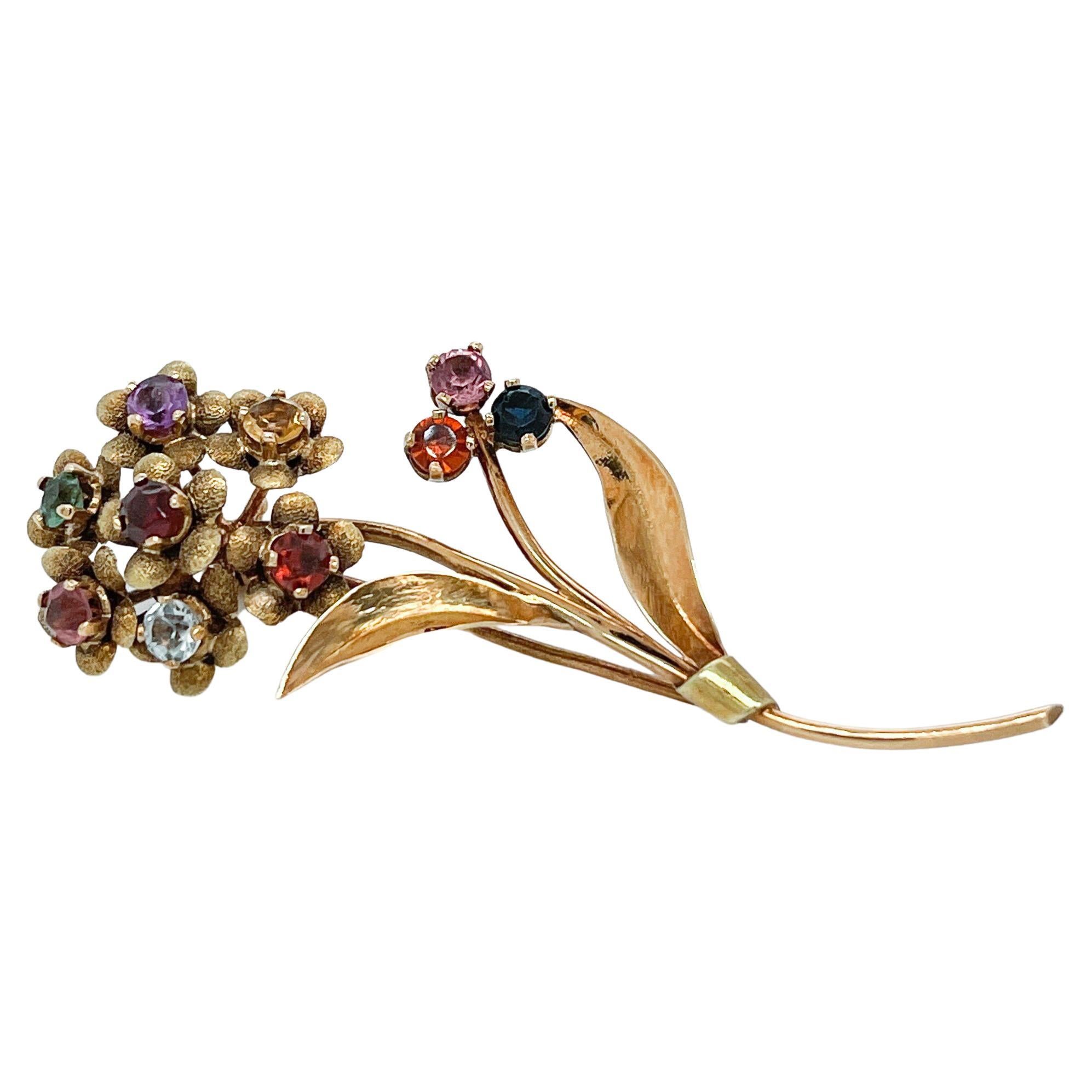 Mid-Century Modern 18 Karat Gold & Multi-Gemstone Flower Brooch or Pin 