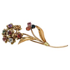 Vintage Mid-Century Modern 18 Karat Gold & Multi-Gemstone Flower Brooch or Pin 