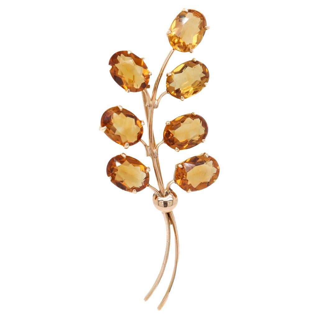 Mid-Century Modern 18k Gold & Madeira Citrine Stylized Flower Brooch