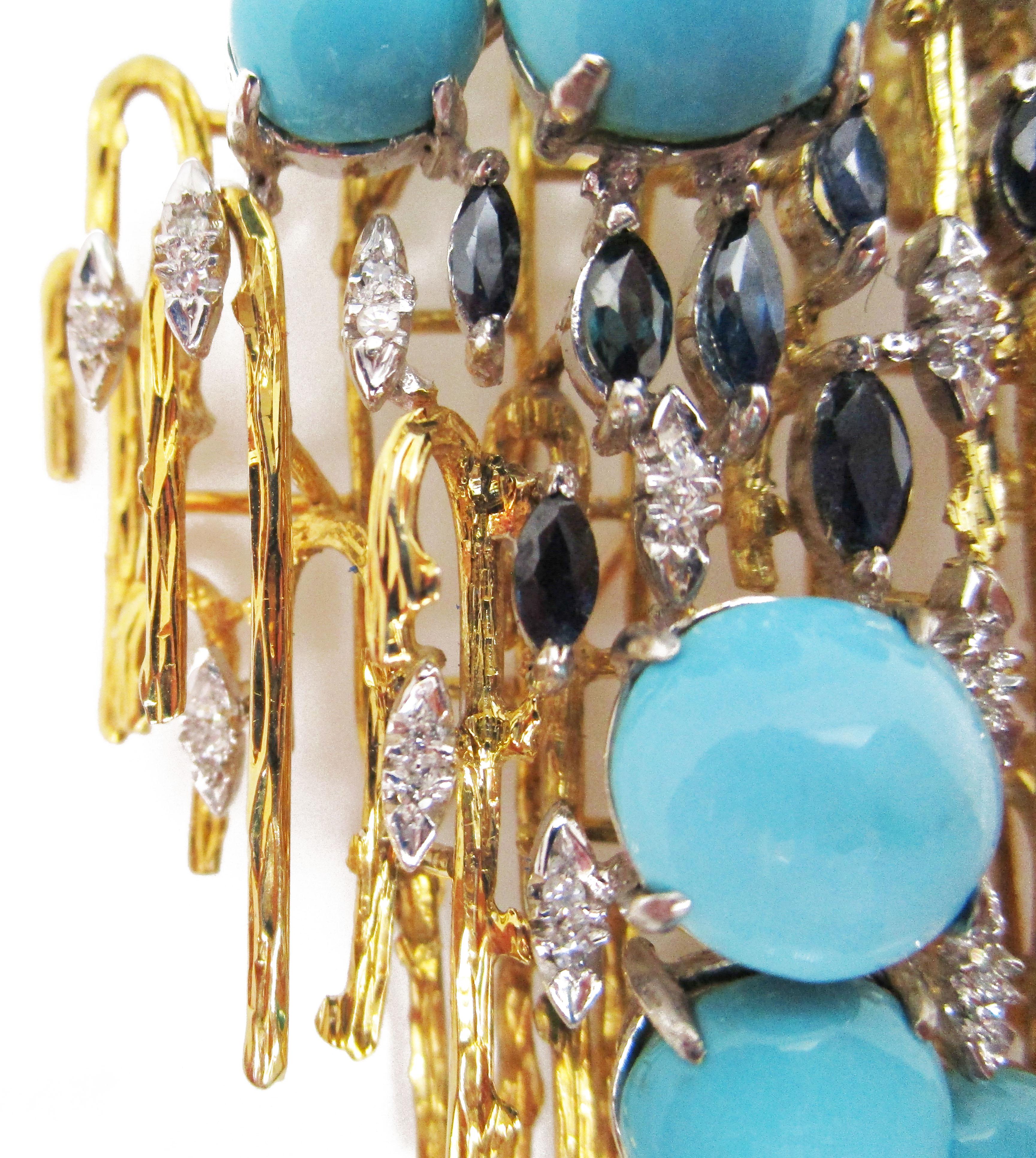 Modernist Mid-Century Modern 18K Gold & Platinum Turquoise Diamond Sapphire Brooch For Sale