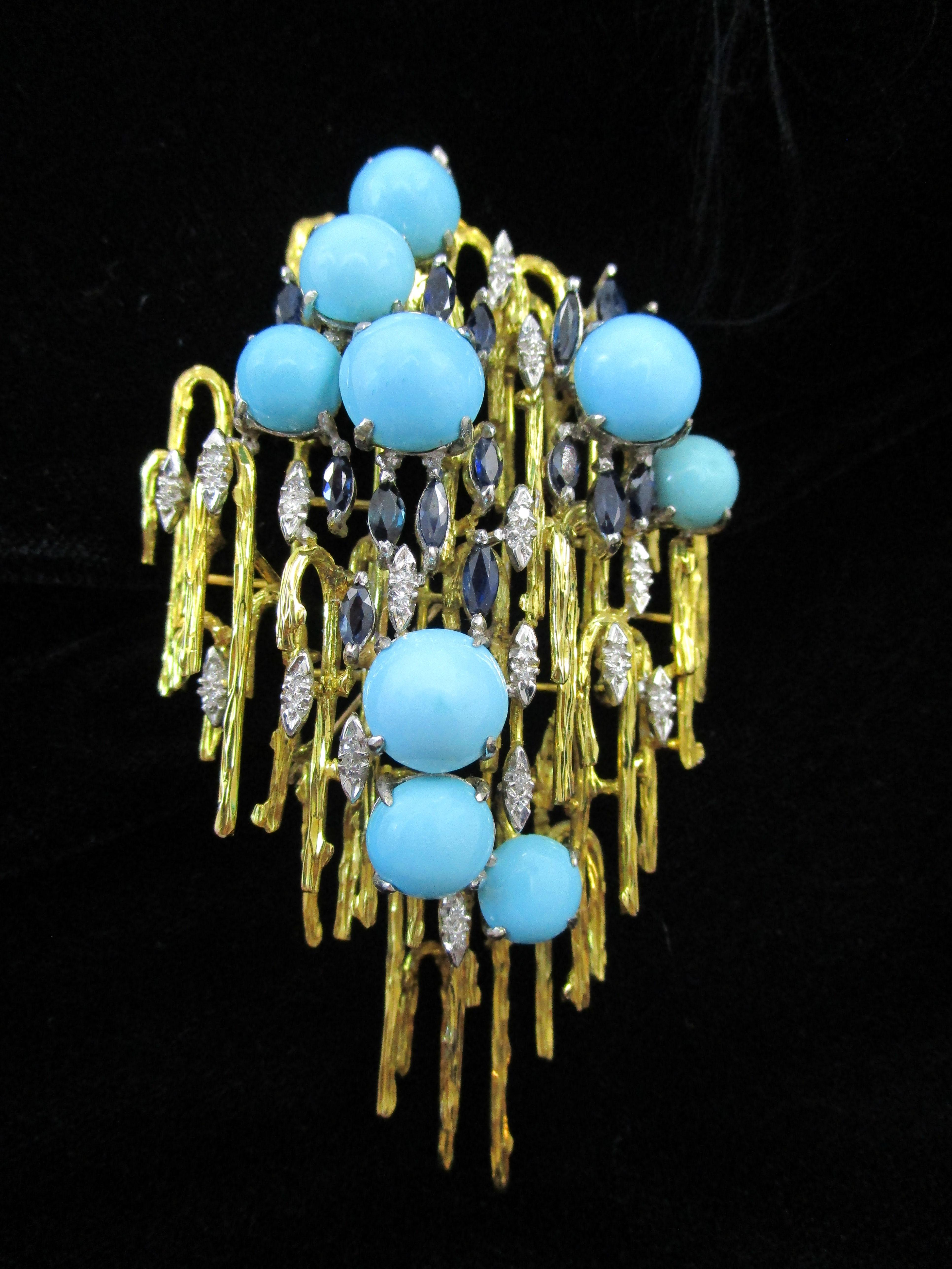 Mid-Century Modern 18K Gold & Platinum Turquoise Diamond Sapphire Brooch For Sale 3