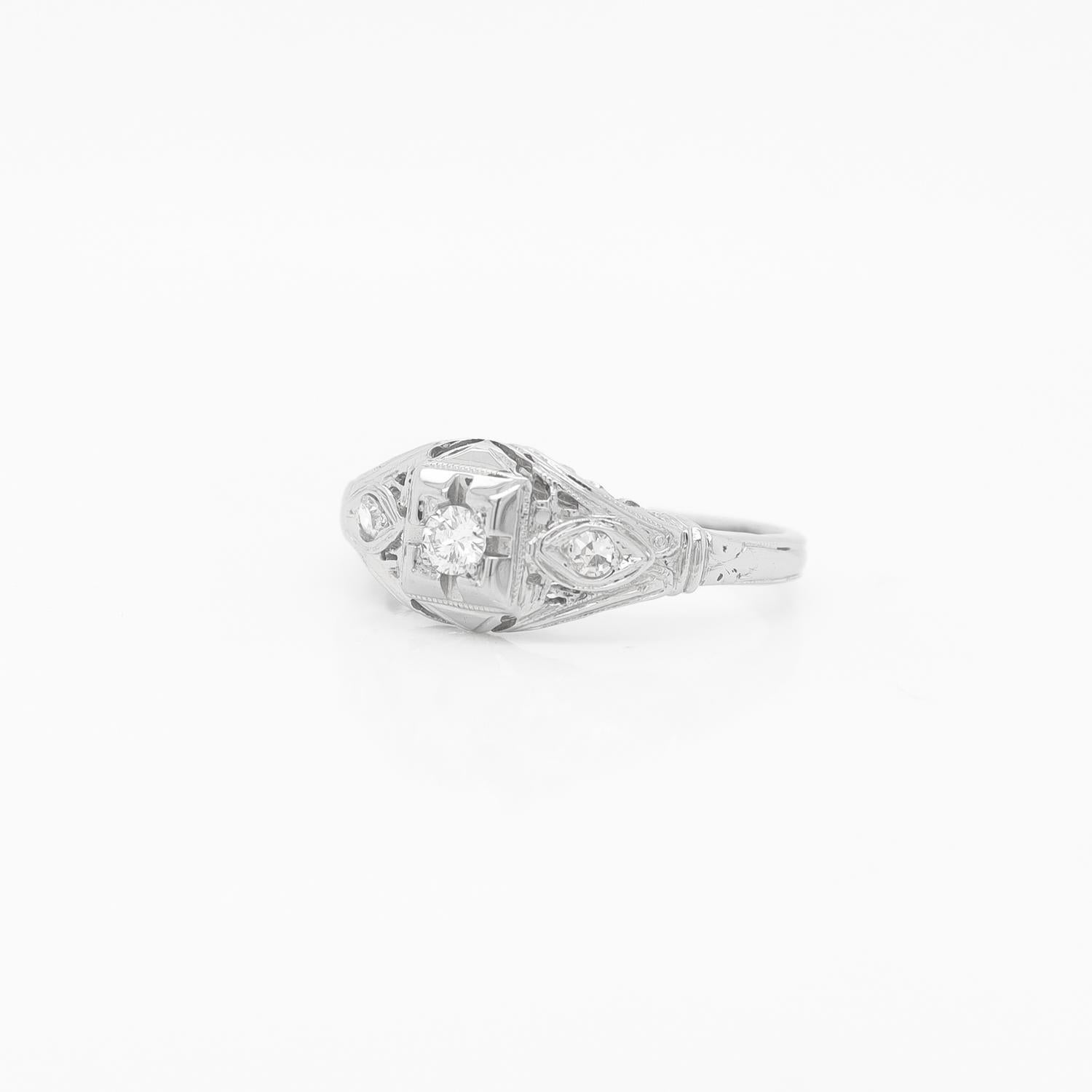Women's Mid-Century Modern 18K White Gold & Diamond Ring For Sale