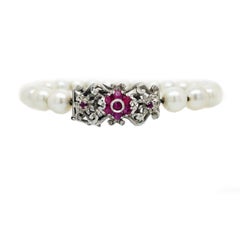 Mid-Century Modern 18K White Gold Pearl and Ruby Bracelet