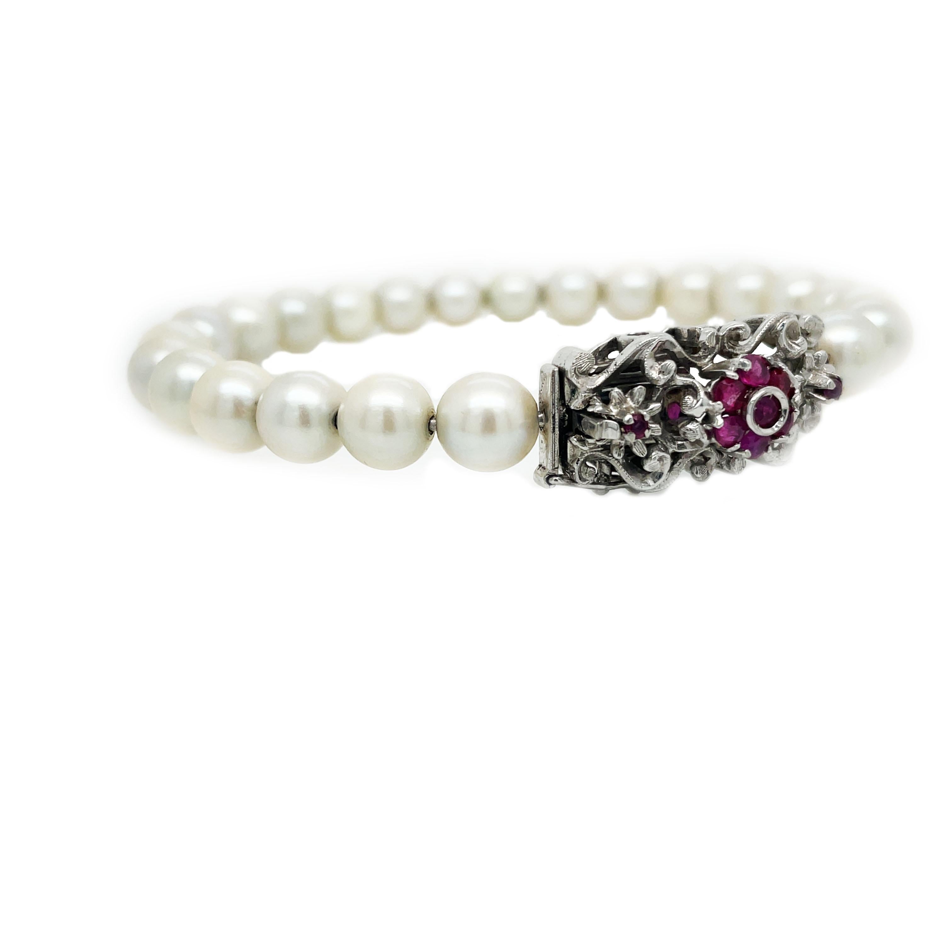 Round Cut Mid-Century Modern 18K White Gold Pearl and Ruby Bracelet