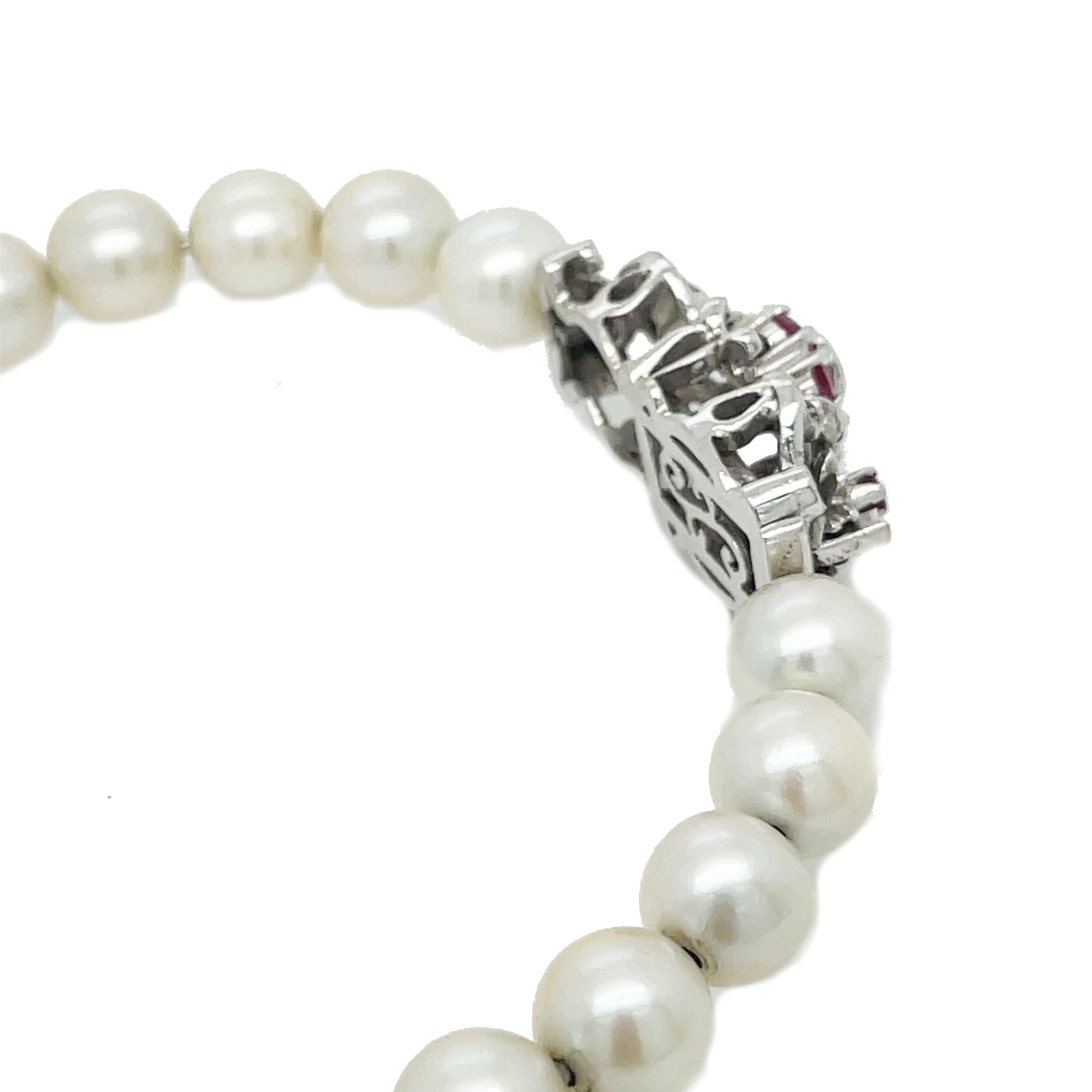 Mid-Century Modern 18K White Gold Pearl and Ruby Bracelet 3