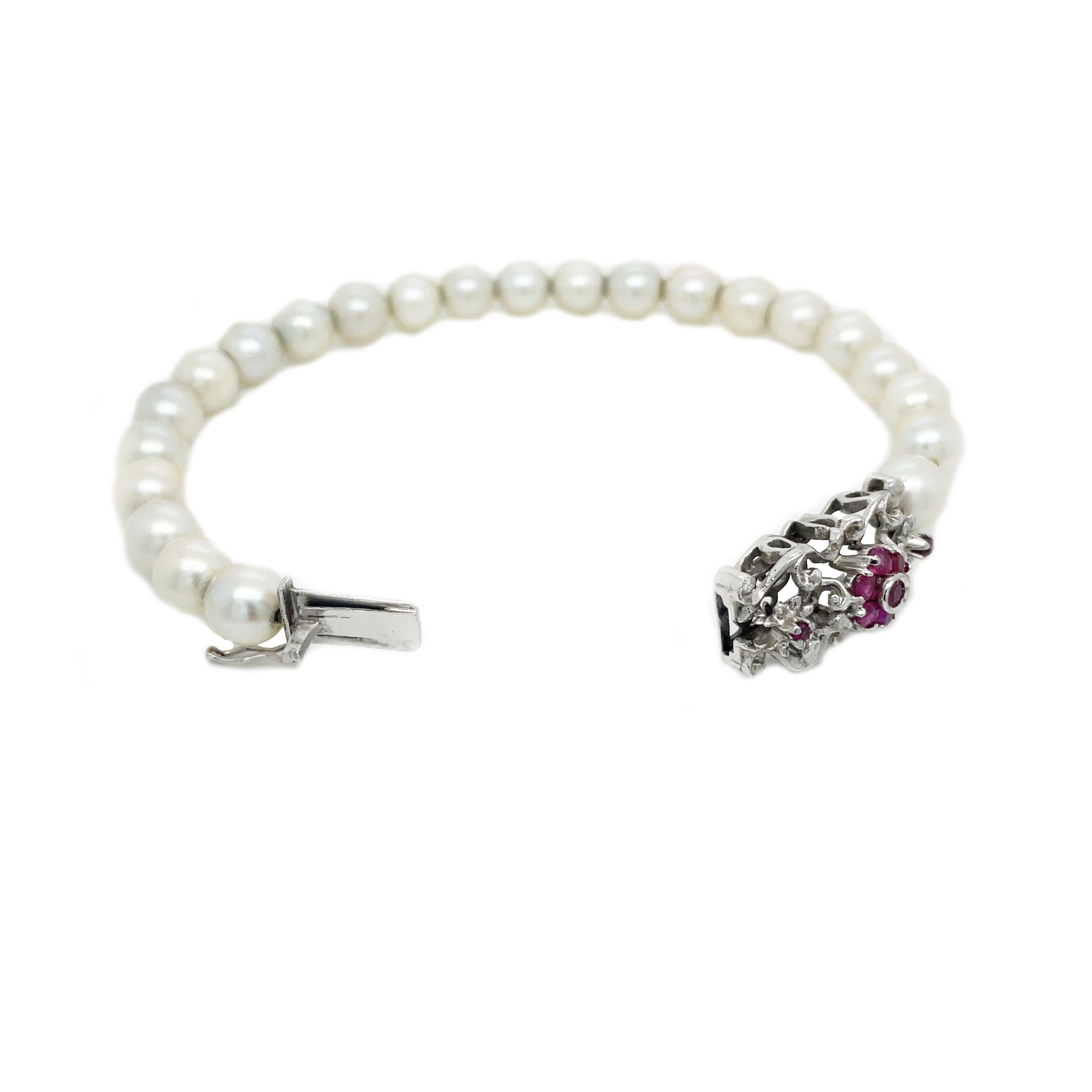 Mid-Century Modern 18K White Gold Pearl and Ruby Bracelet 4