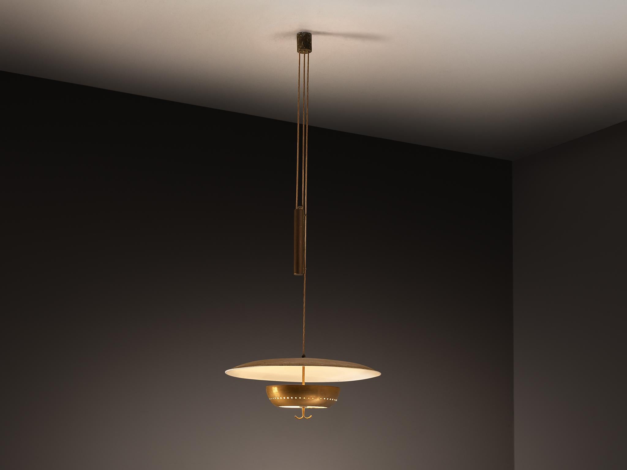 Pendant light, brass, enameled aluminum, satin glass, Italy, 1950s

A refined pendant lamp from 1950s Italy, this piece captures the essence of mid-century modern design. A broad, flat, and gently convex aluminum dome is paired with a smaller brass