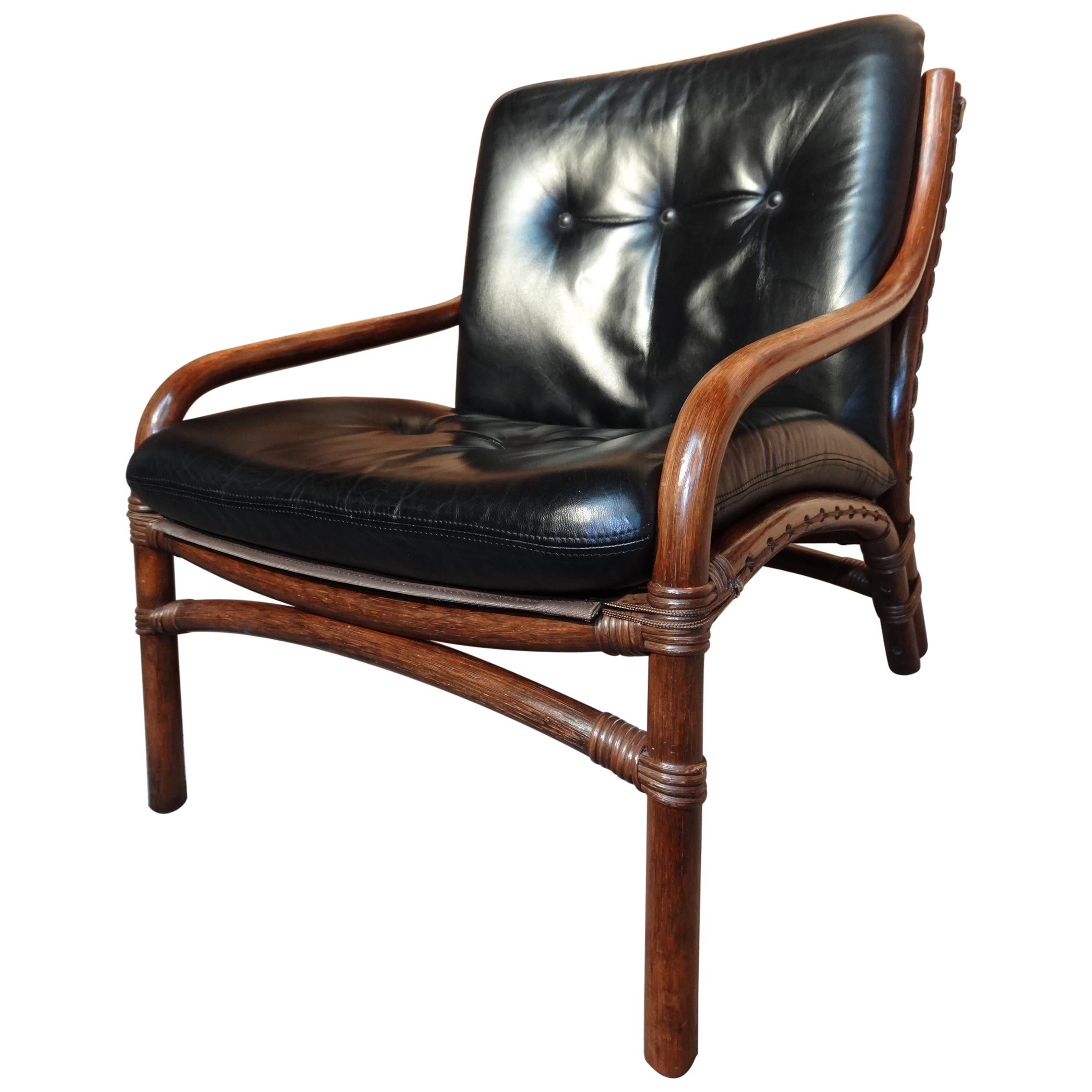 Mid-Century Modern 1960 Cane / Bamboo Designer Sling-Back Black Leather Chair