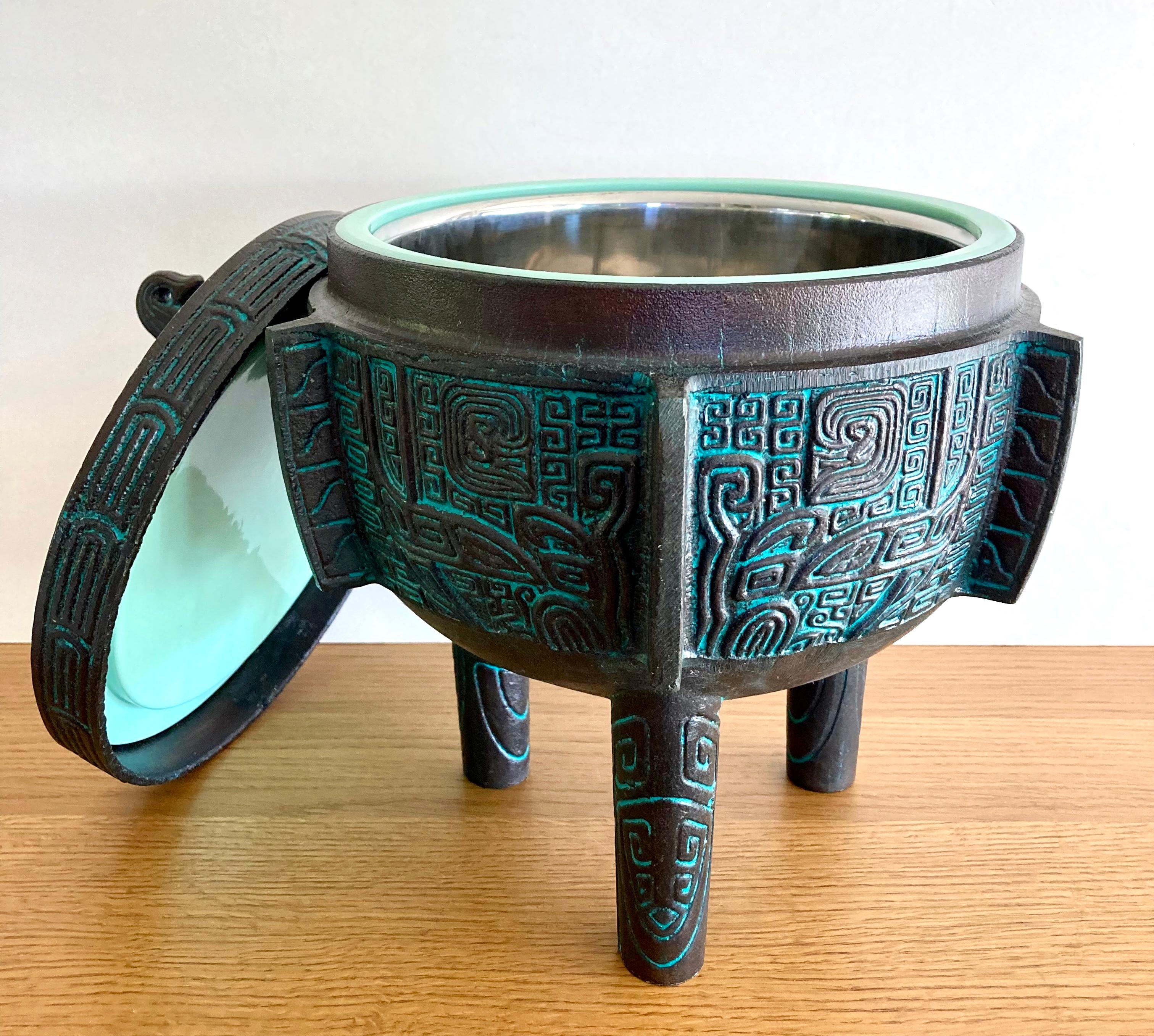 American Mid-Century Modern 1960s Burmese Ice Bucket by DesignerJames Mont in Faux Bronze For Sale