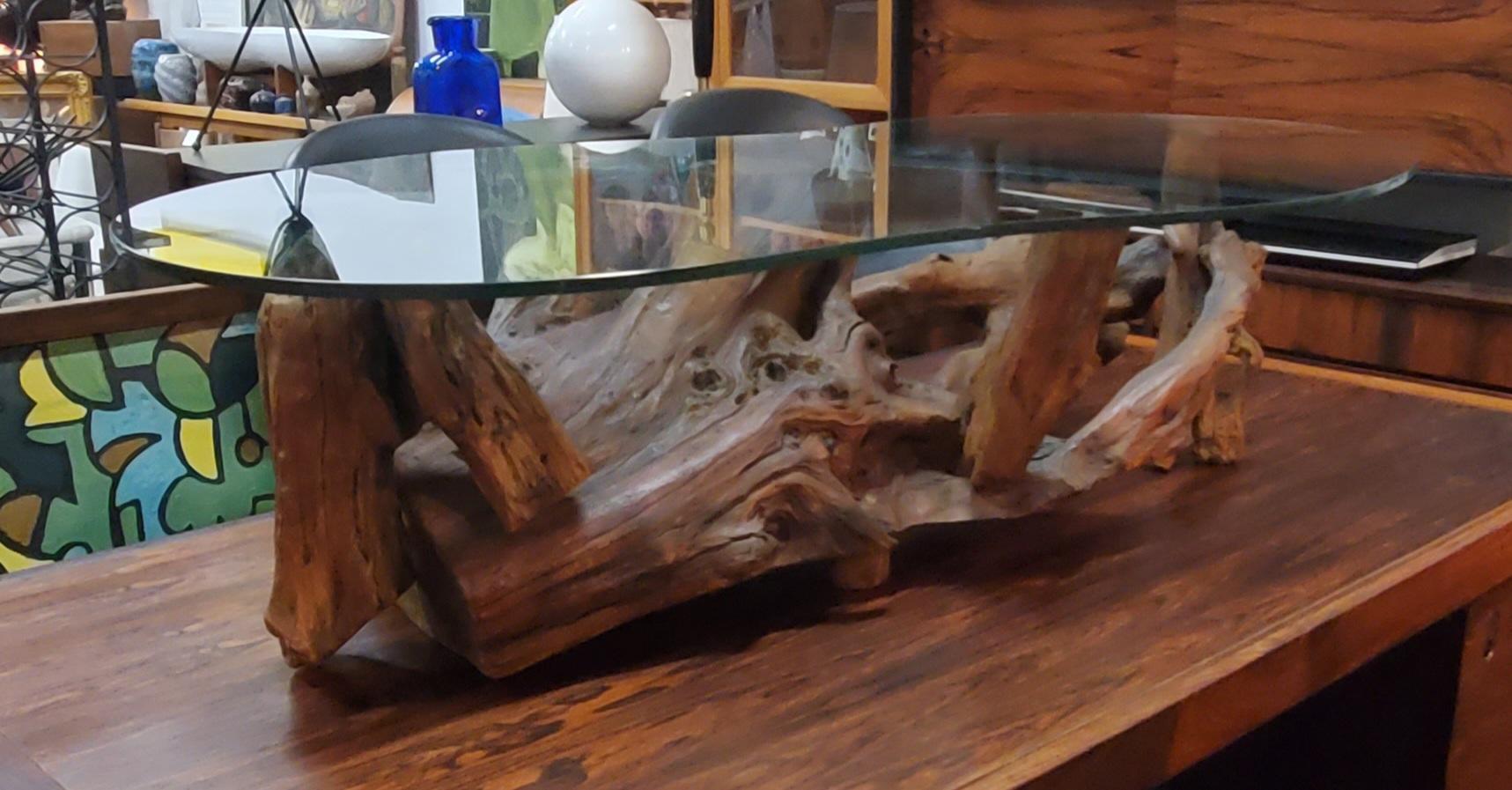 Mid-Century Modern 1960s Driftwood Coffee Table Original Biomorphic Glass Top For Sale 4