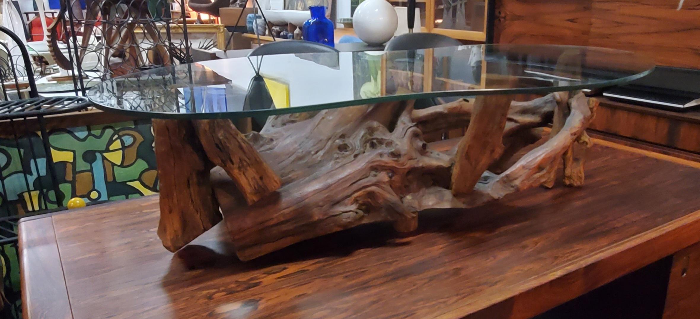 Mid-Century Modern 1960s Driftwood Coffee Table Original Biomorphic Glass Top For Sale 4