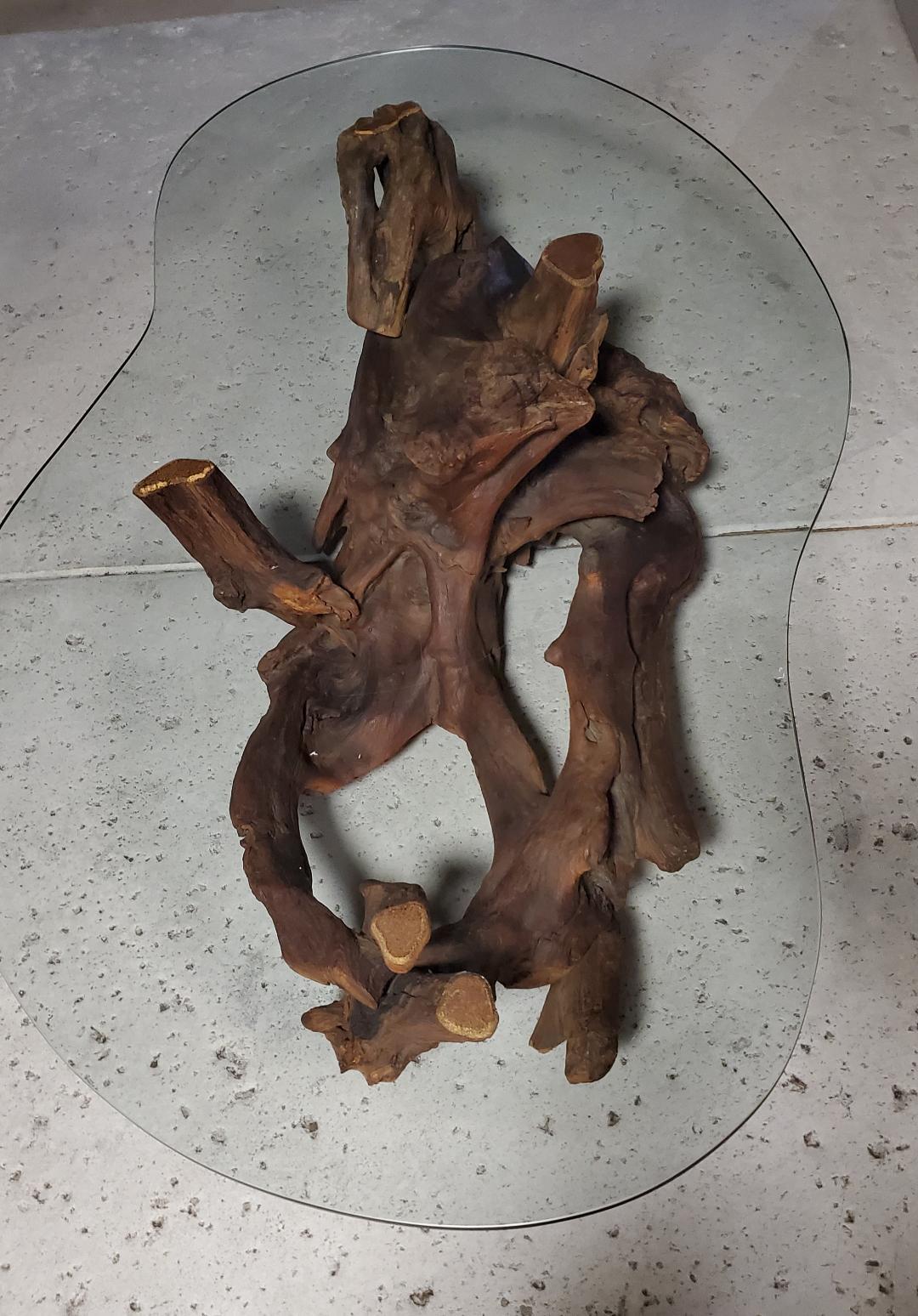 Mid-Century Modern 1960s Driftwood Coffee Table Original Biomorphic Glass Top For Sale 9