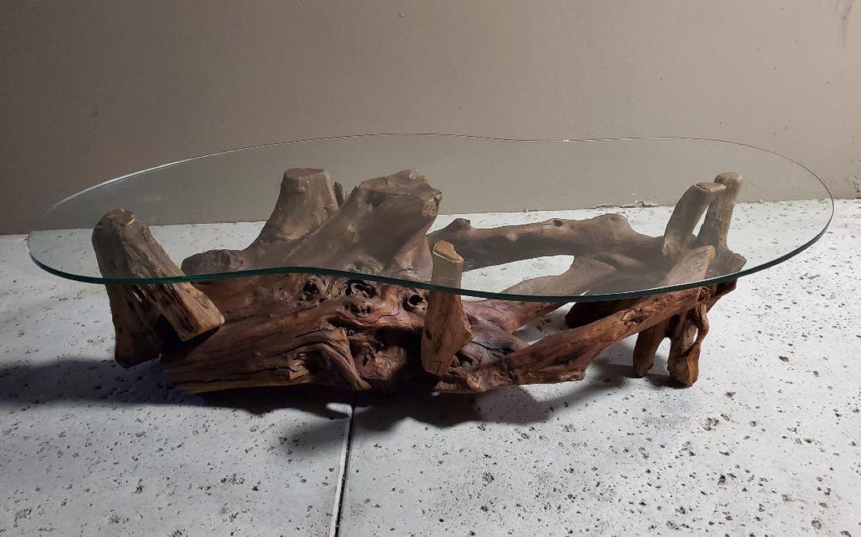 Mid-Century Modern 1960s Driftwood Coffee Table Original Biomorphic Glass Top For Sale 12