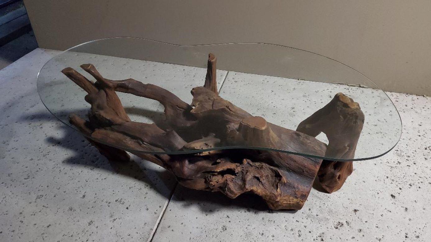 driftwood coffee table with glass top