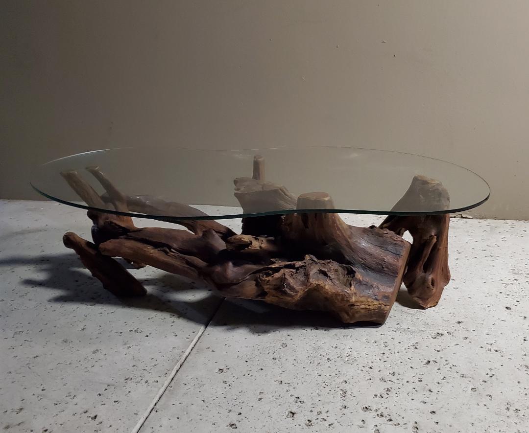 20th Century Mid-Century Modern 1960s Driftwood Coffee Table Original Biomorphic Glass Top For Sale