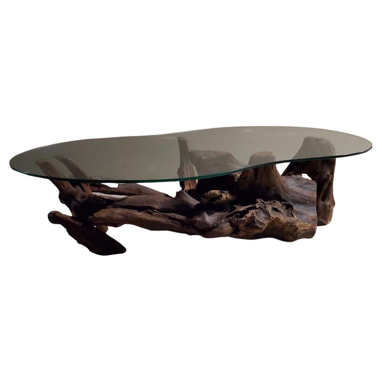 Mid-Century Modern 1960s Driftwood Coffee Table Original Biomorphic Glass Top For Sale