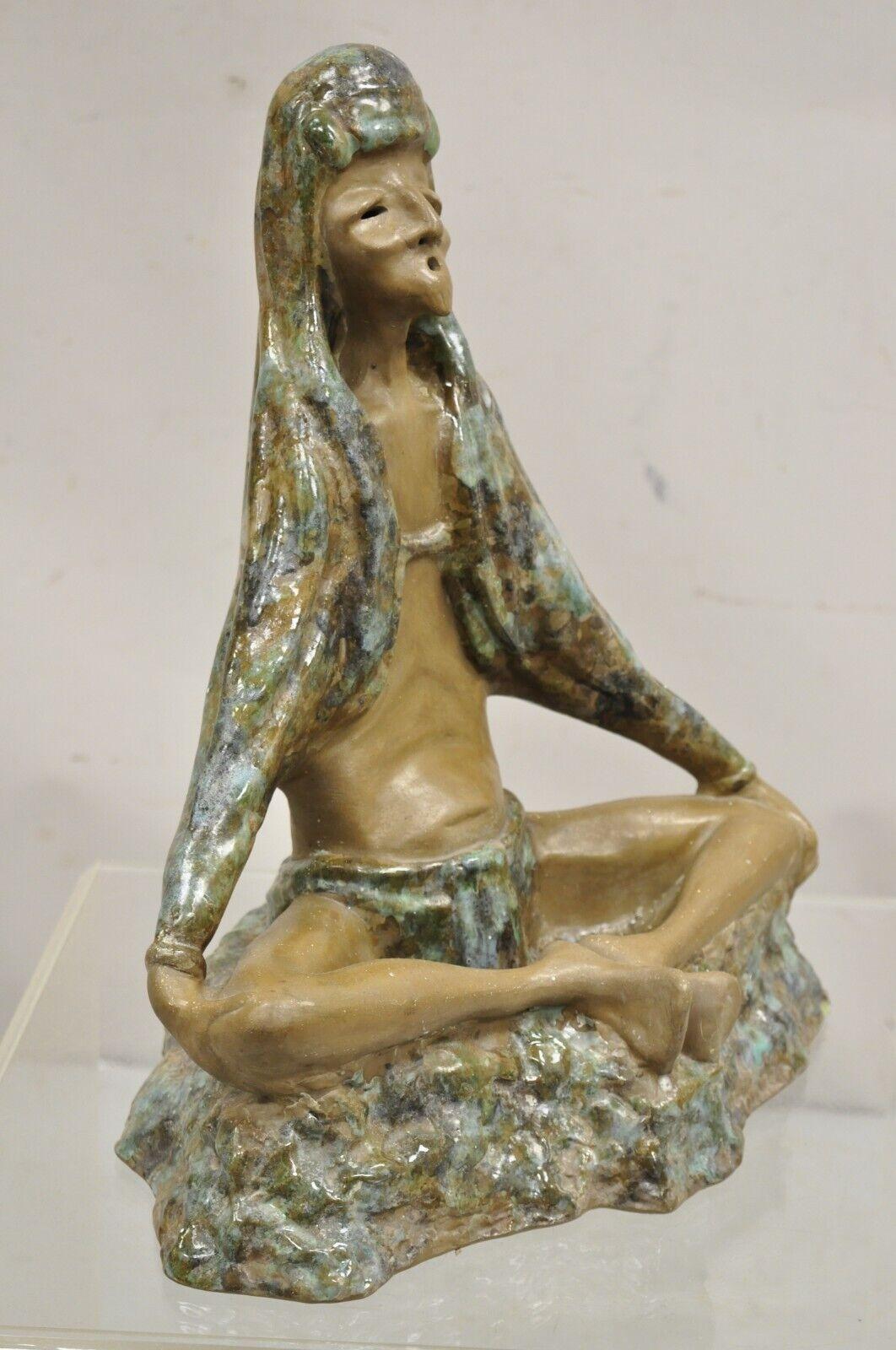 Mid Century Modern 1960s Glazed Ceramic Pottery Meditating Elder Woman Sculpture For Sale 5