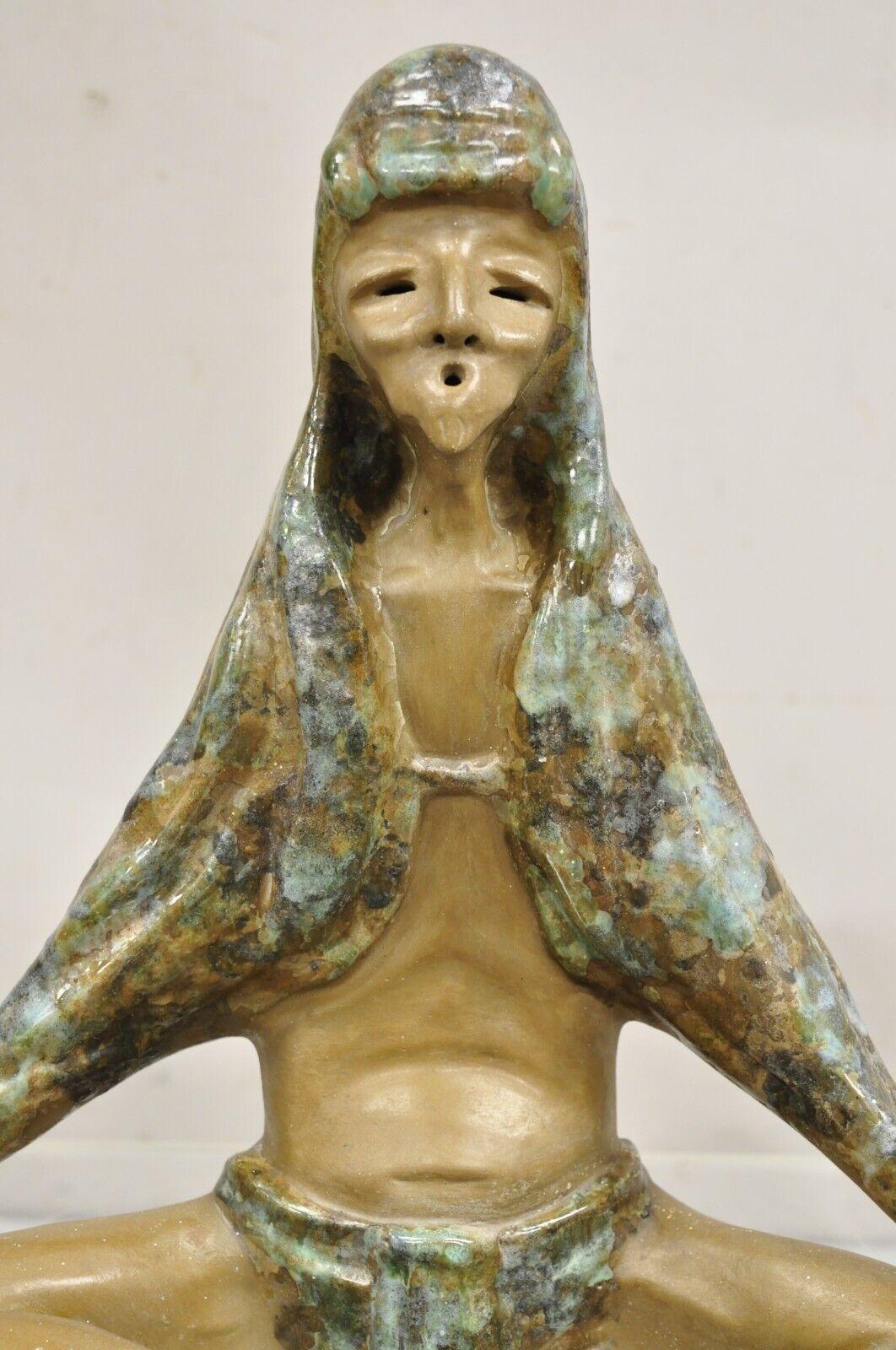 Mid Century Modern 1960s Glazed Ceramic Pottery Meditating Elder Woman Sculpture For Sale 6