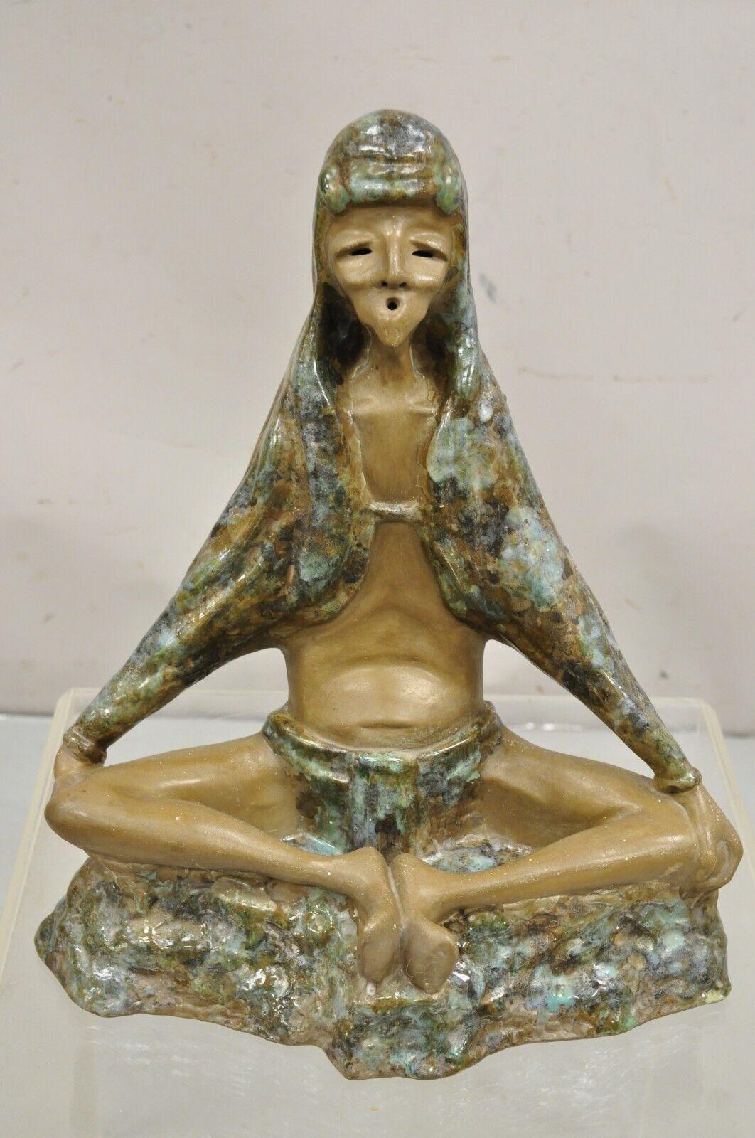 Mid Century Modern 1960s Glazed Ceramic Pottery Meditating Elder Woman Sculpture For Sale 7