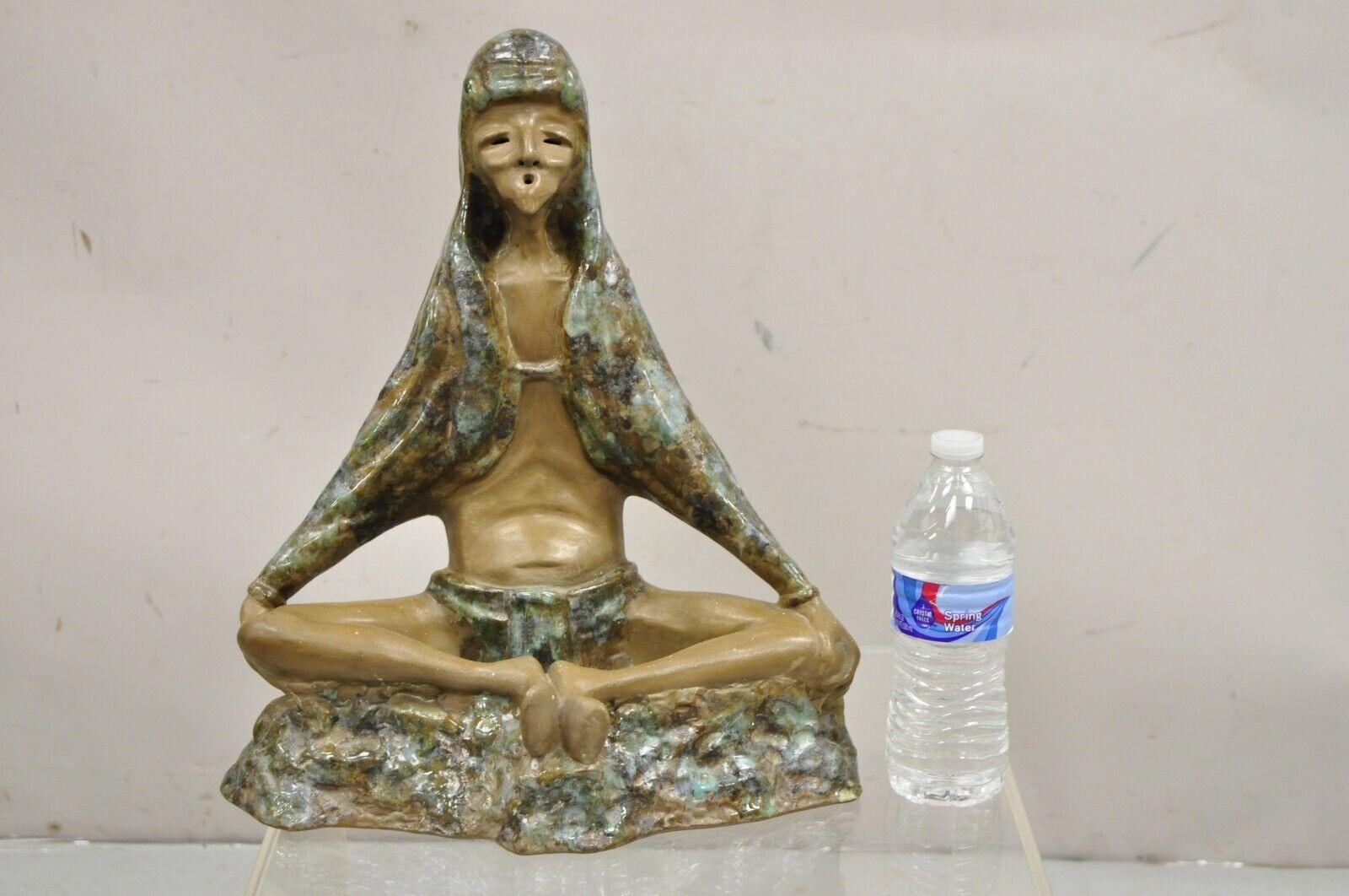 Mid Century Modern 1960s Glazed Ceramic Pottery Meditating Elder Woman Sculpture. Circa Mid 20th Century . Measurements: 15.5