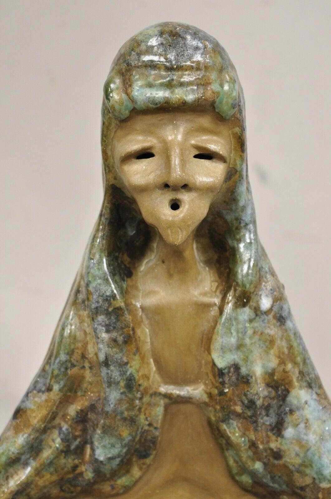 Mid-Century Modern Mid Century Modern 1960s Glazed Ceramic Pottery Meditating Elder Woman Sculpture For Sale