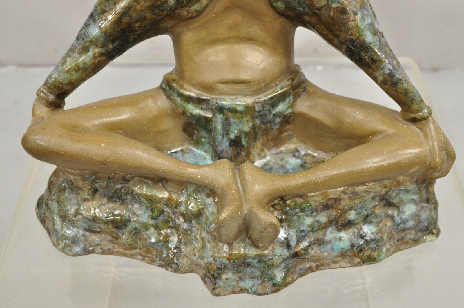 Mid Century Modern 1960s Glazed Ceramic Pottery Meditating Elder Woman Sculpture In Good Condition For Sale In Philadelphia, PA