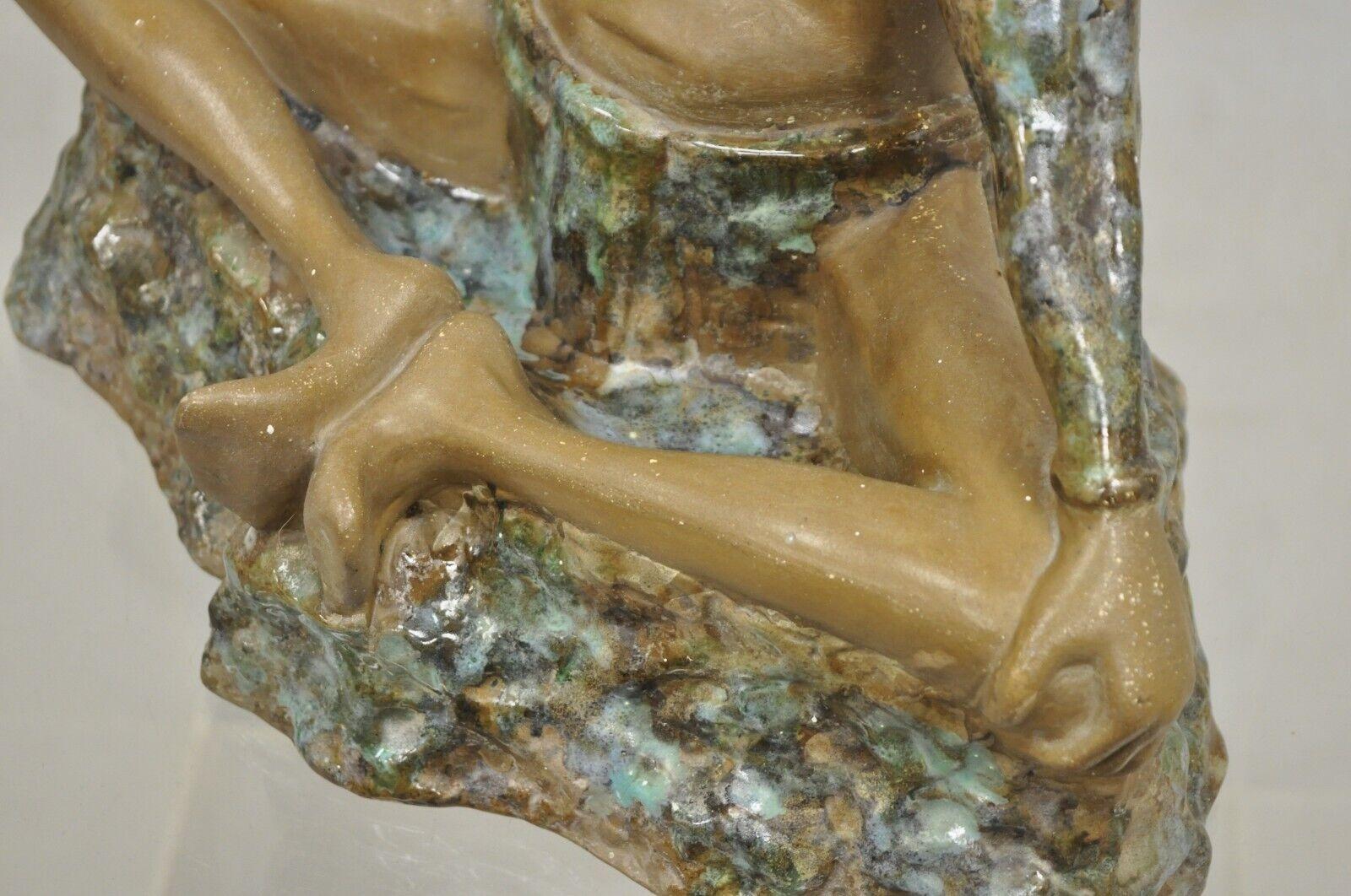 Mid Century Modern 1960s Glazed Ceramic Pottery Meditating Elder Woman Sculpture For Sale 1