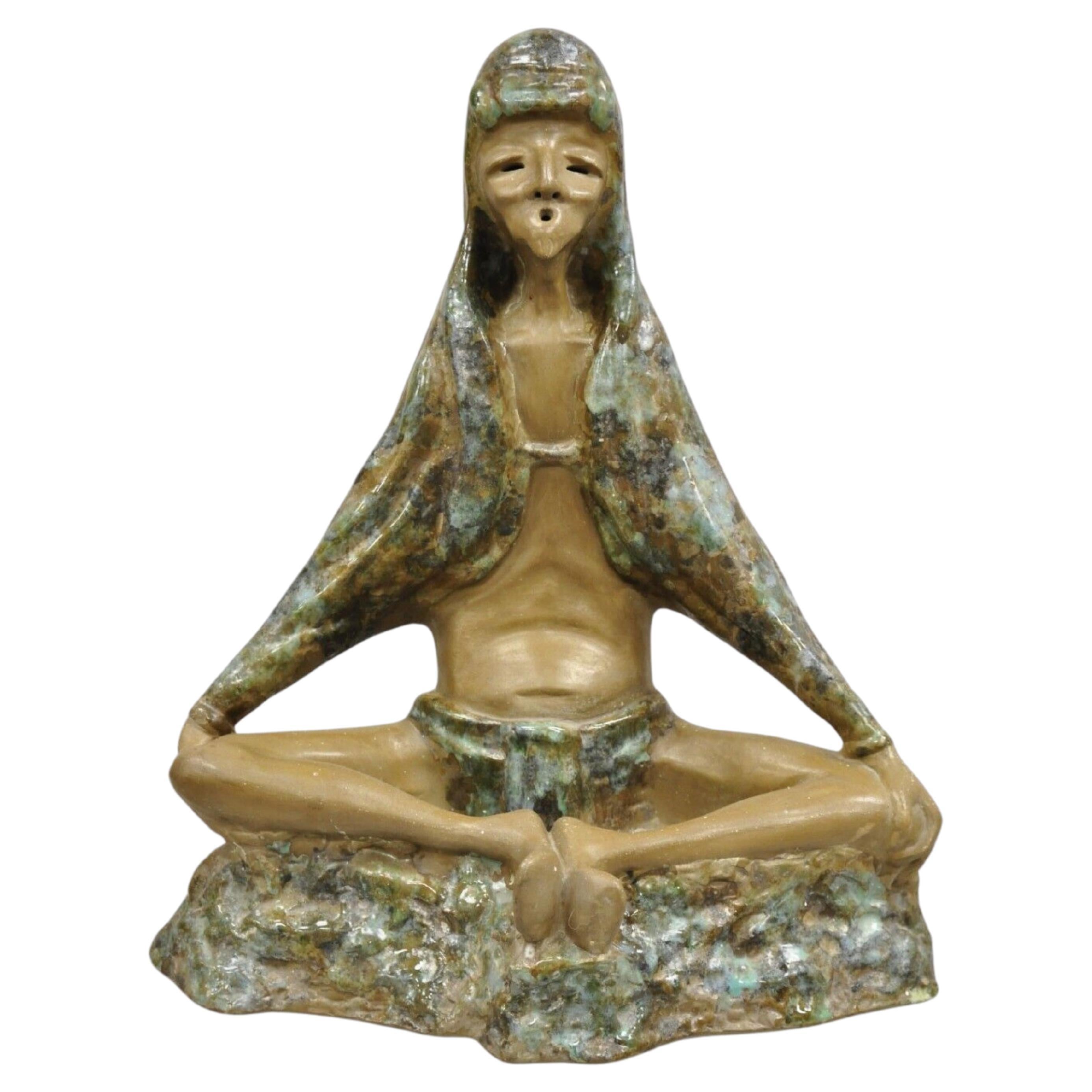 Mid Century Modern 1960s Glazed Ceramic Pottery Meditating Elder Woman Sculpture