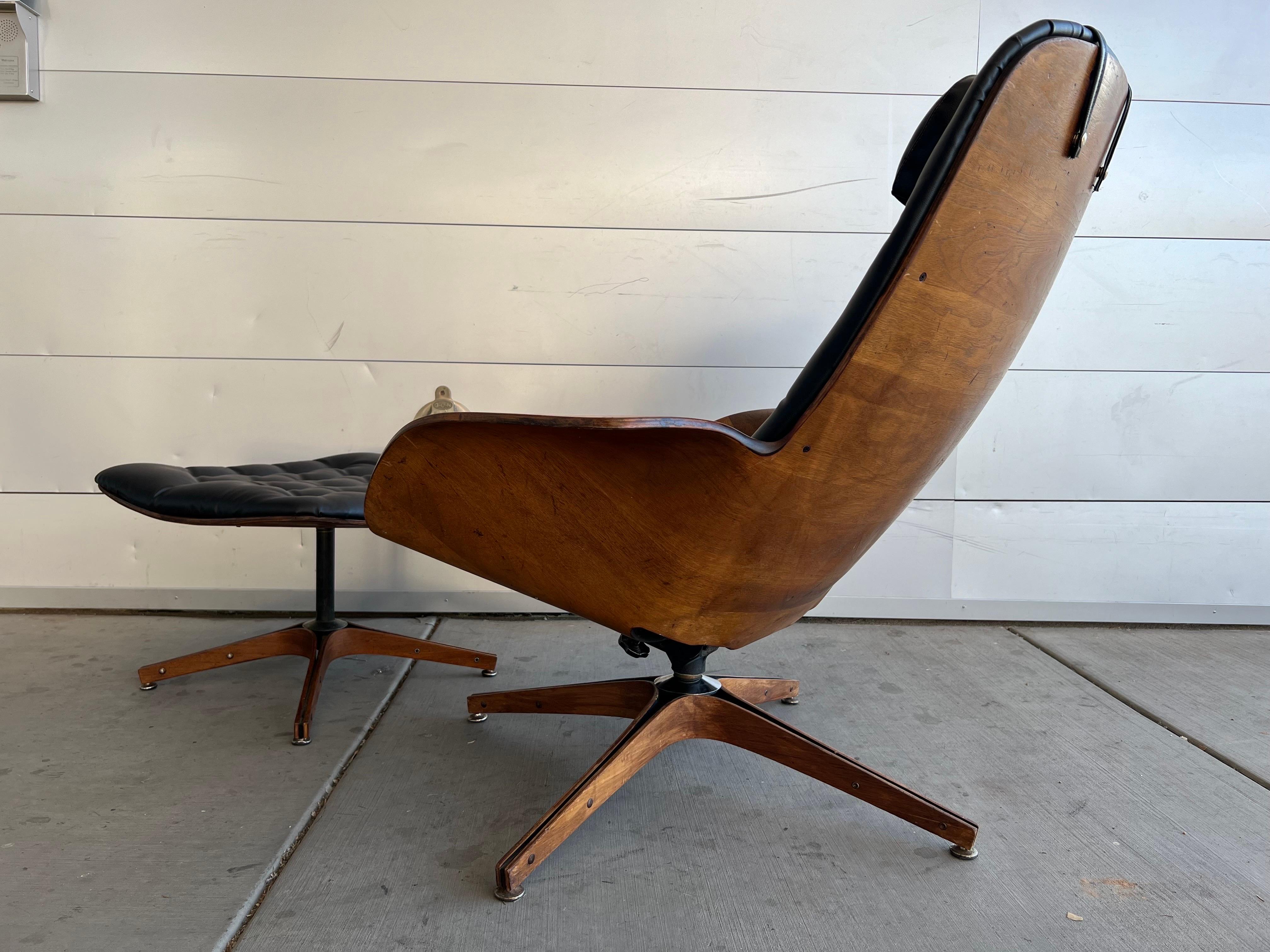 Faux Leather Mid Century Modern 1960s Plycraft George Mulhauser “Mr. Chair” and Ottoman For Sale