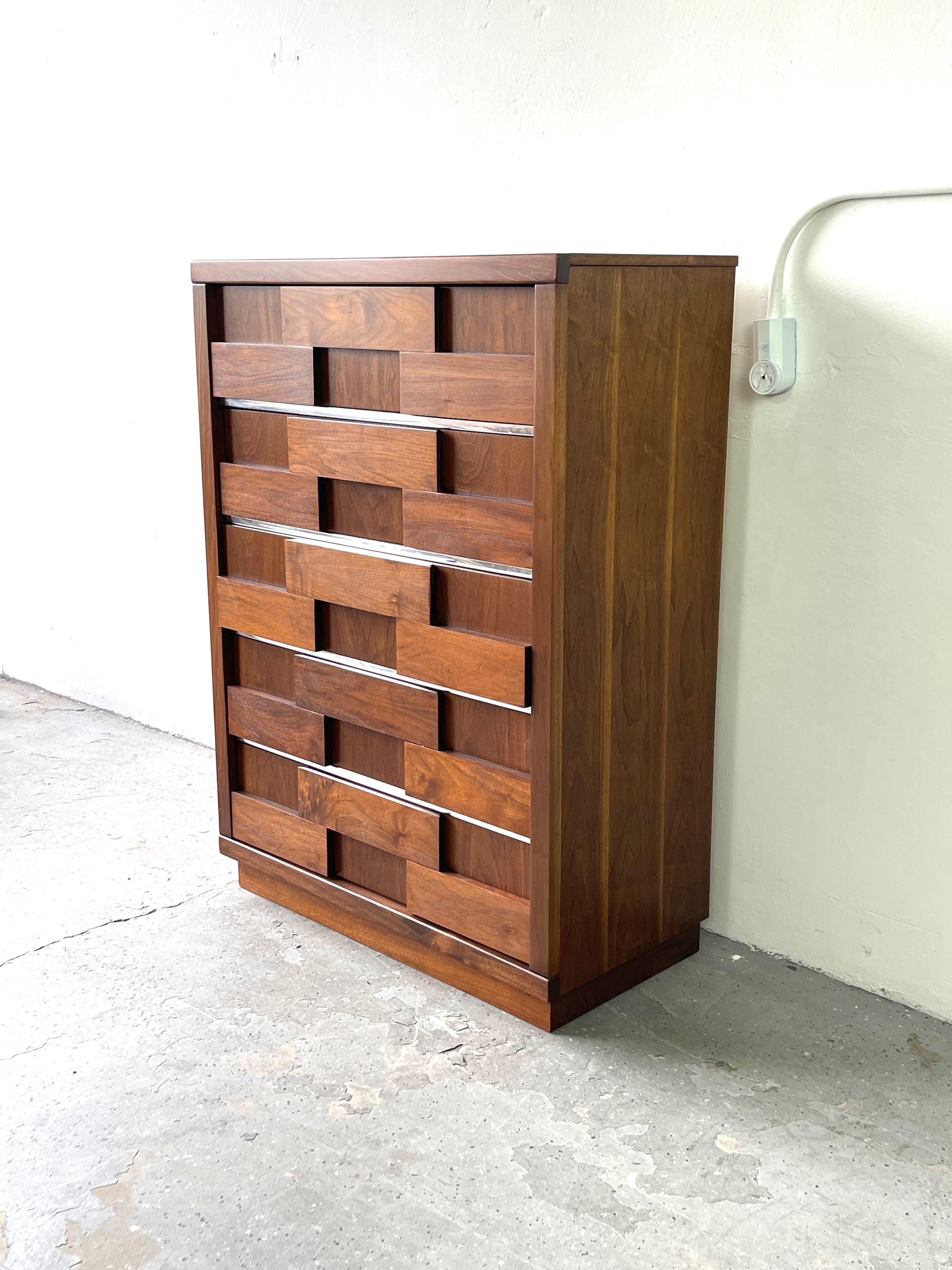 Late 20th Century Mid Century Modern 1970s Brutalist Highboy Dresser In the Style Of Paul Evans
