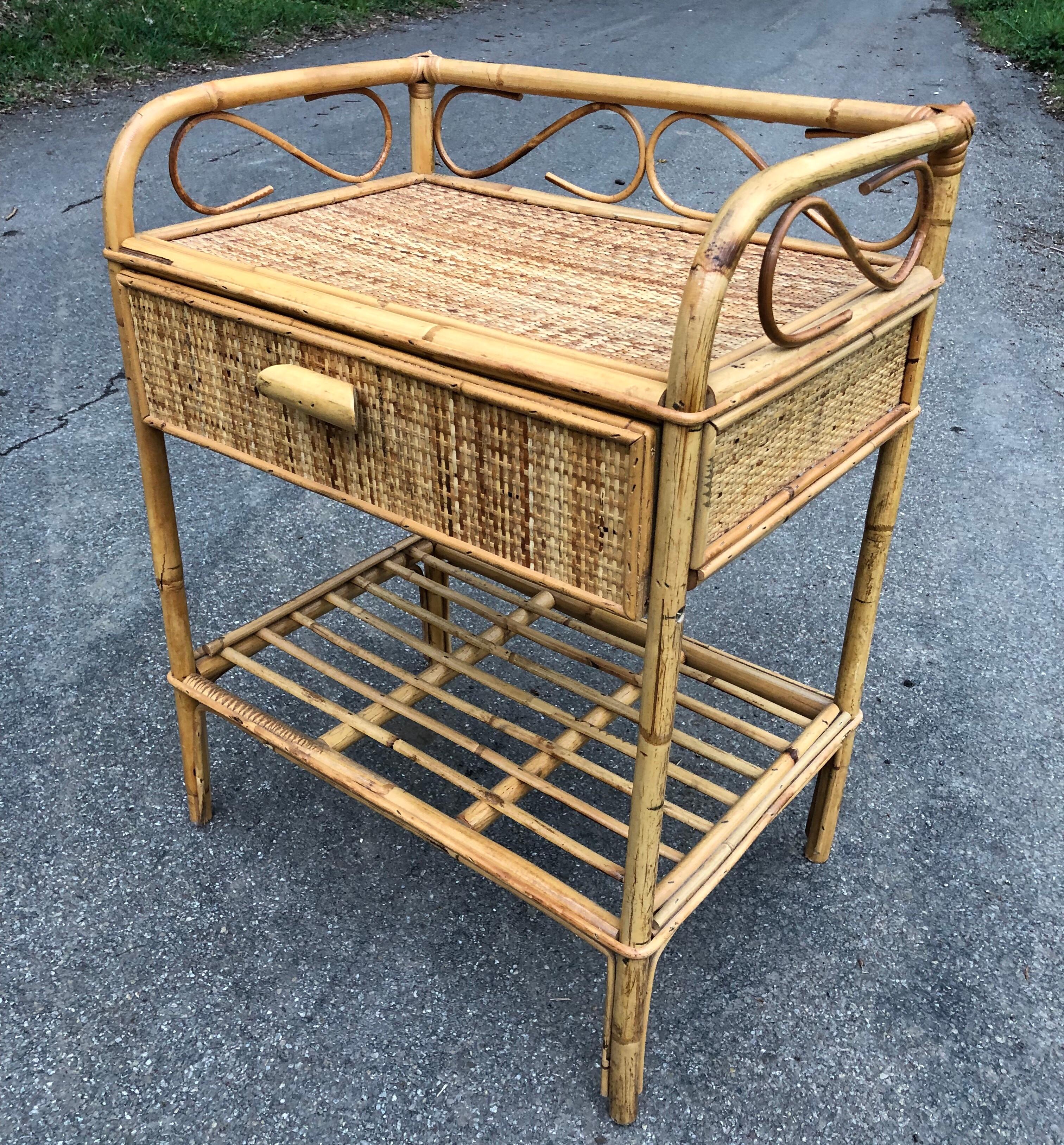 Mid-Century Modern 1970s Cane Wicker bamboo bedside table.