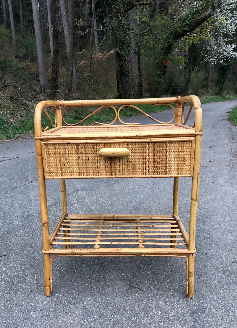 MidCentury Modern 1970s Cane Wicker Bamboo Bedside Table For Sale at 1stdibs