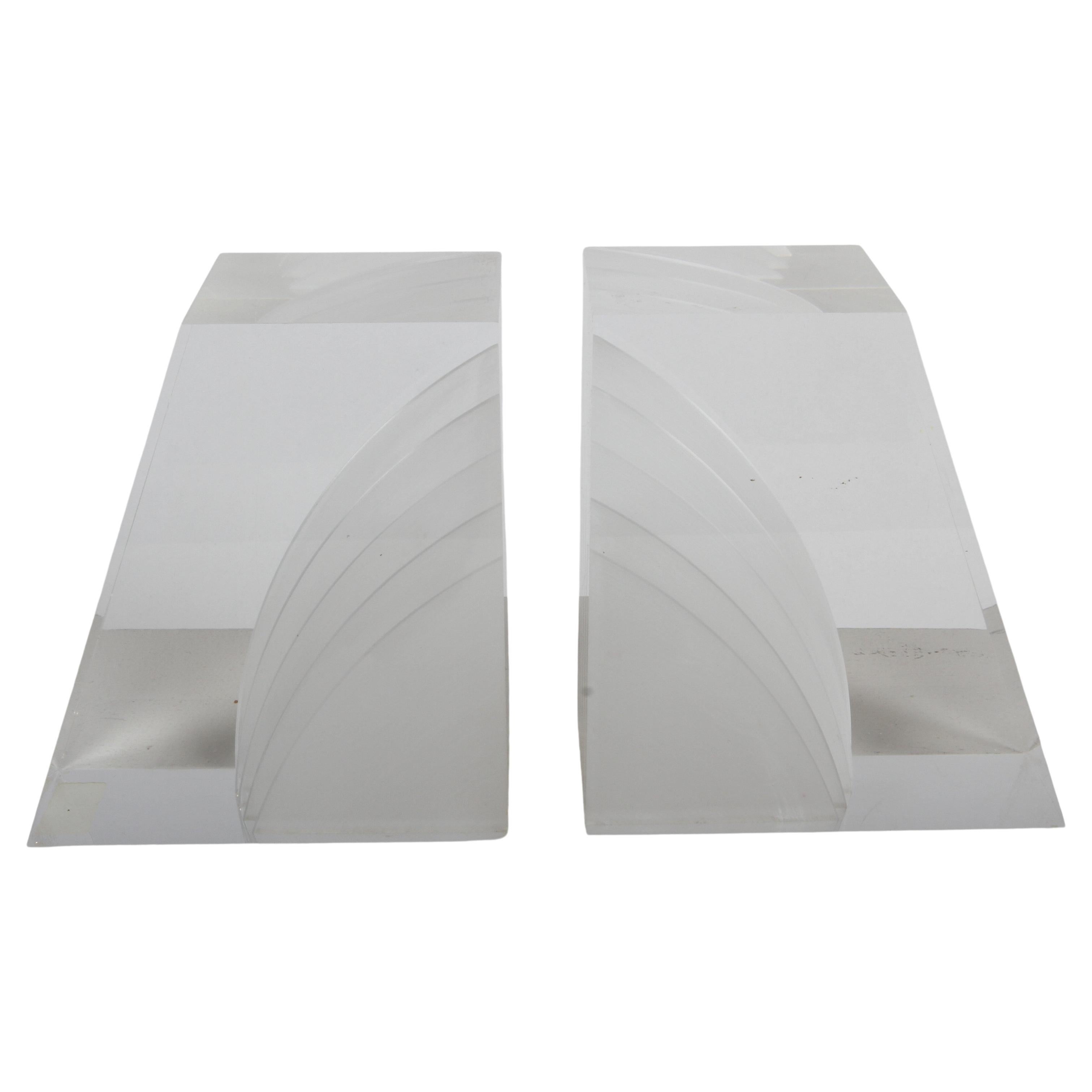 Mid-Century Modern 1970s Geometric Trapezoid Lucite Bookends - Astrolite