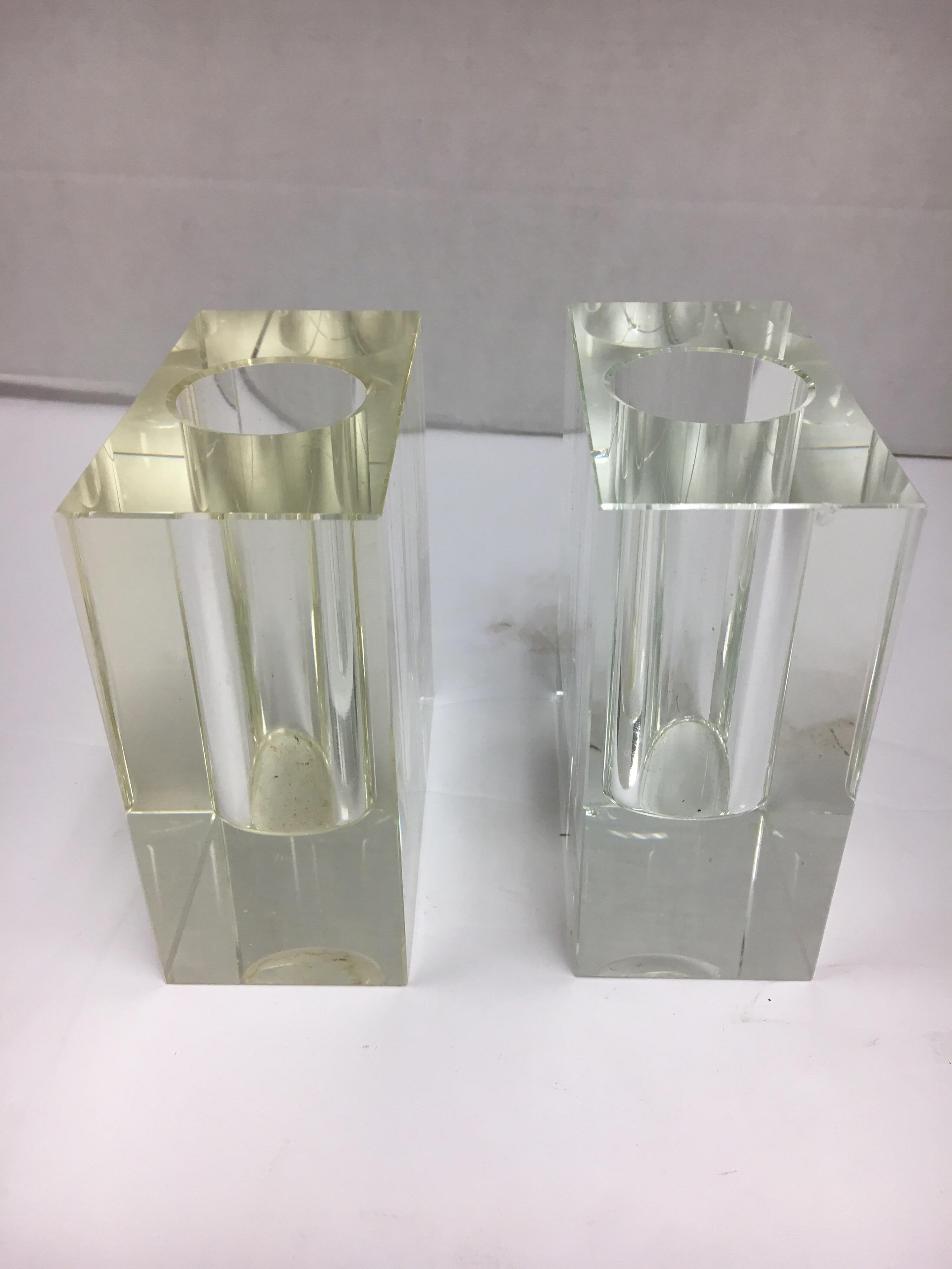 Mid-Century Modern 1970s Italian Square Heavy Glass Candlesticks Made in Italy In Good Condition In West Hartford, CT