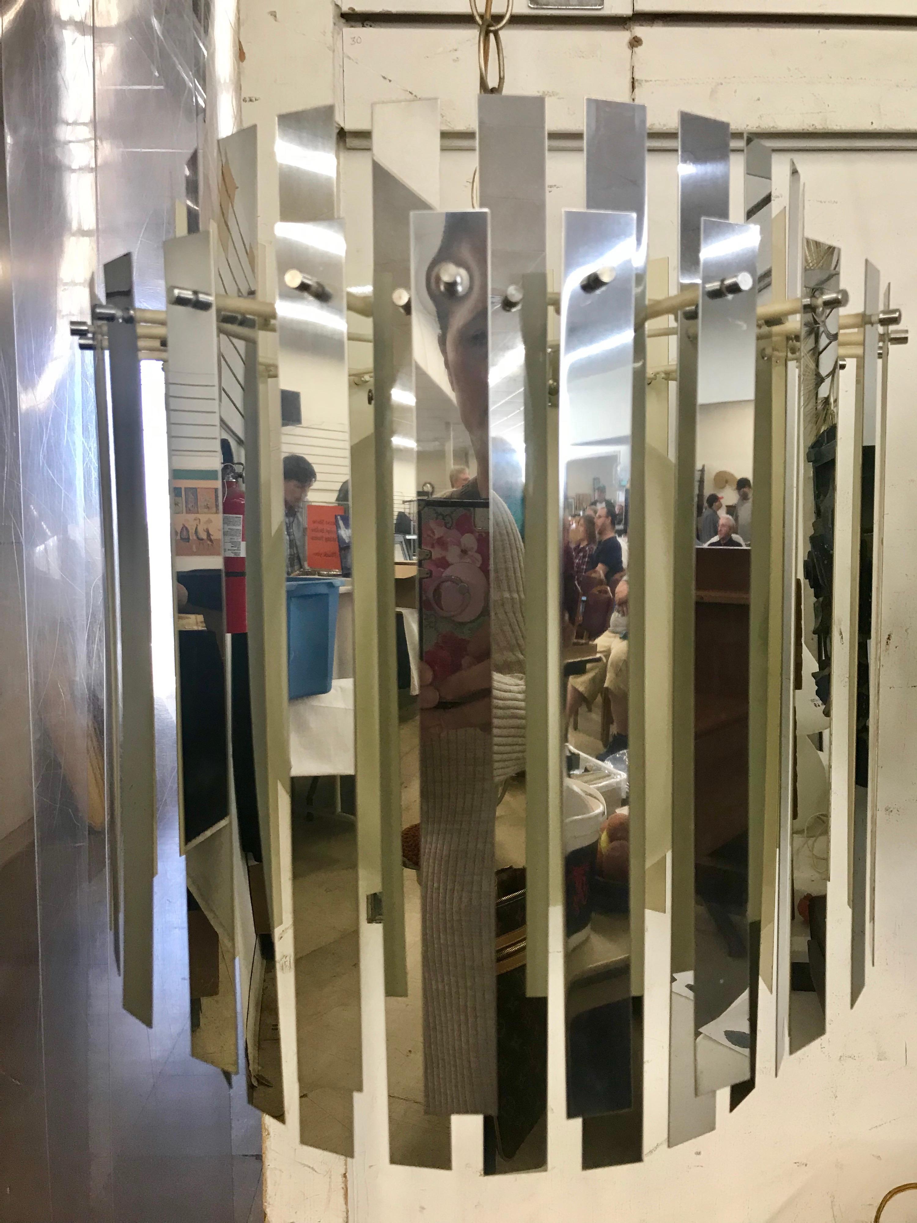Mid-Century Modern 1970s Mirrored Metallic Chandelier Light Fixture 2