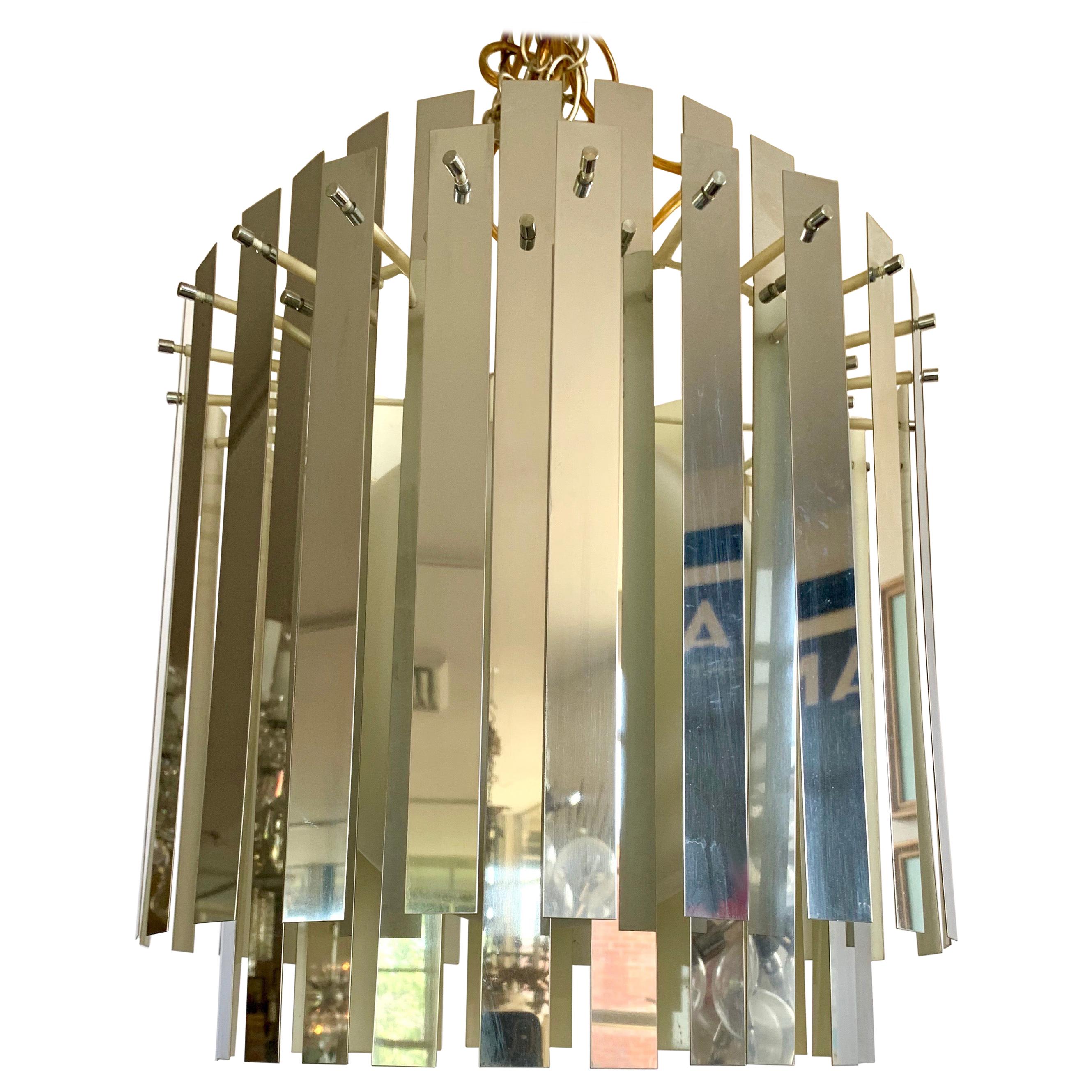 Mid-Century Modern 1970s Mirrored Metallic Chandelier Light Fixture