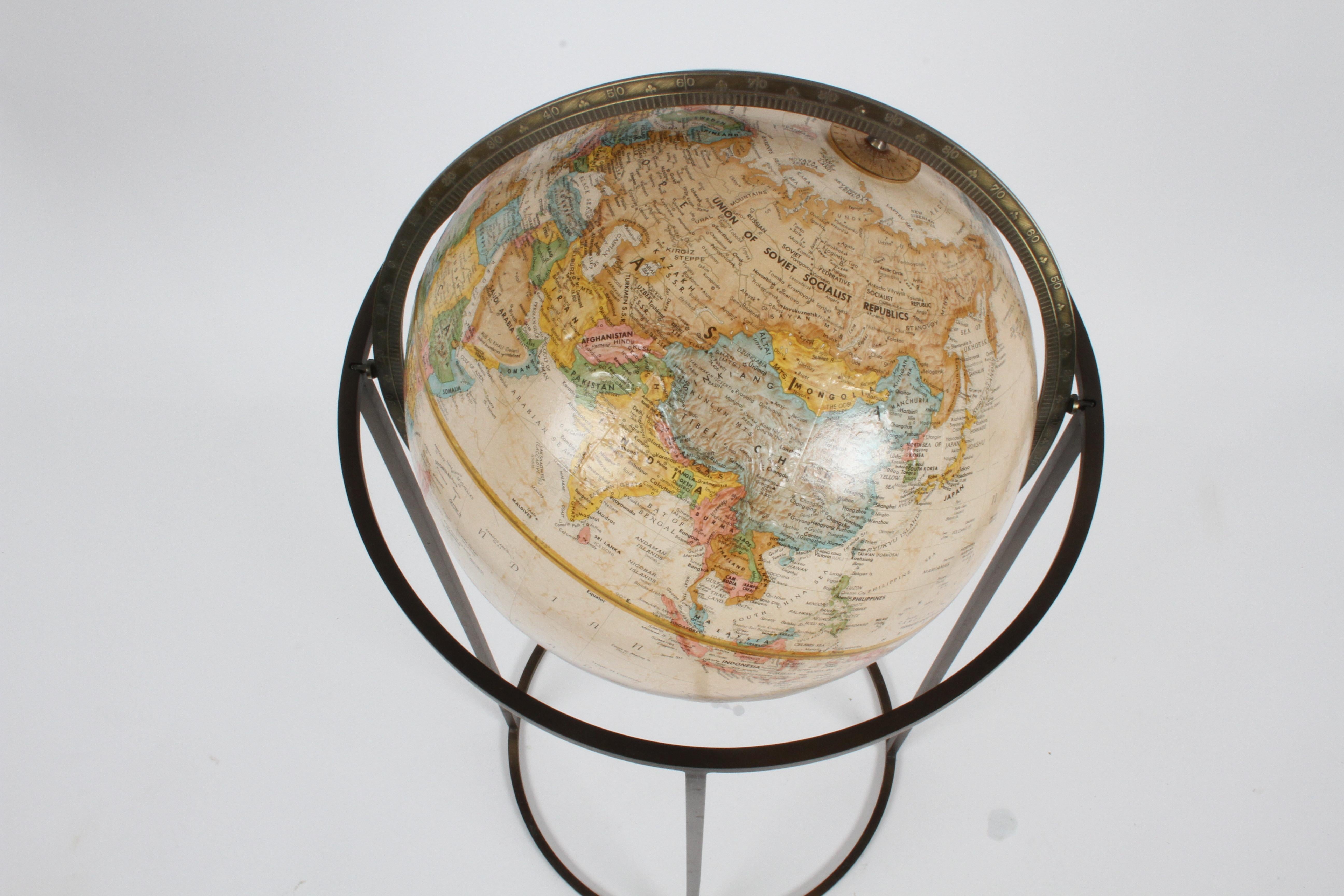 Mid-Century Modern 1970s Paul McCobb Style Brass Stand Replogle Globe 7