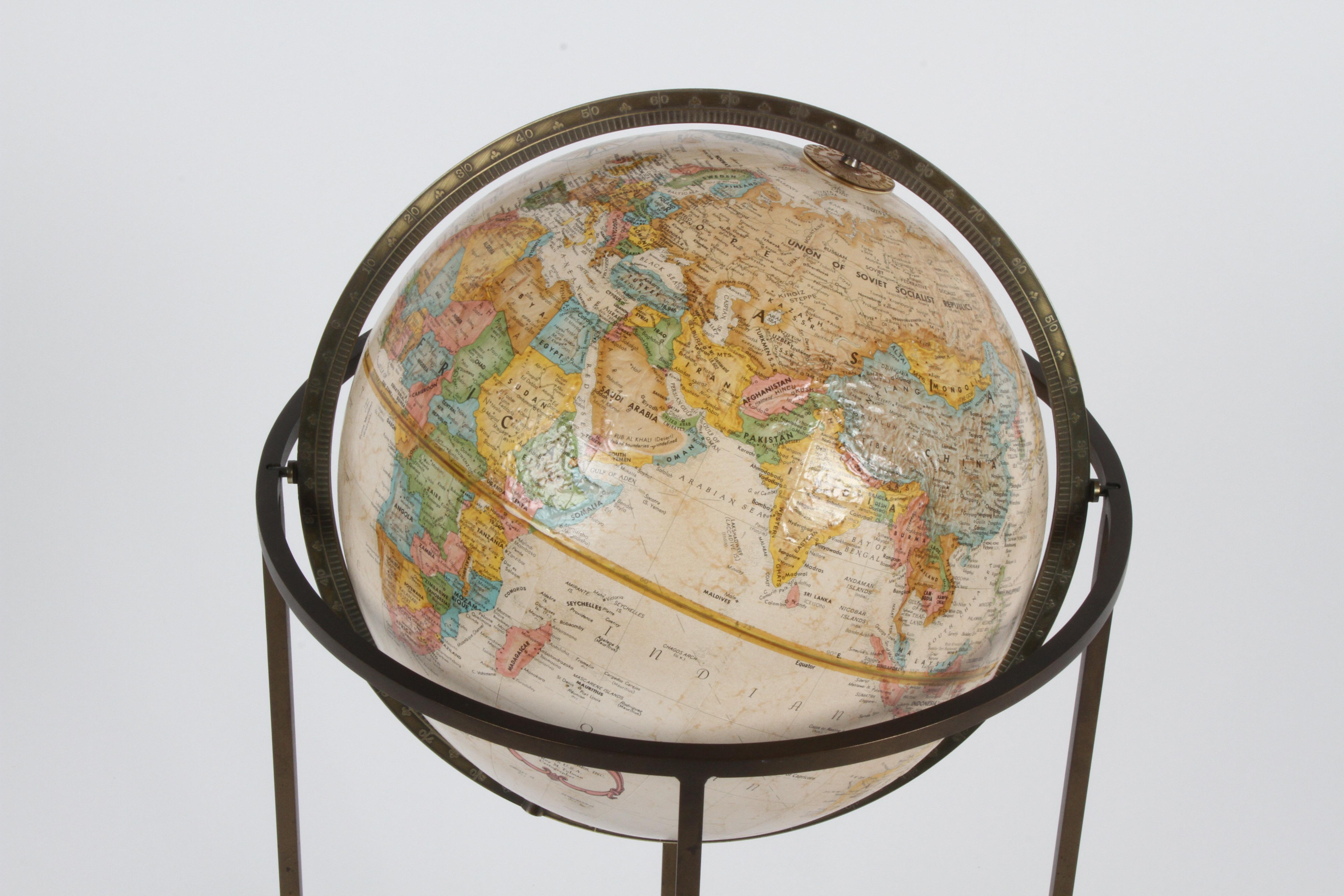 Mid-Century Modern 1970s Paul McCobb Style Brass Stand Replogle Globe In Good Condition In St. Louis, MO