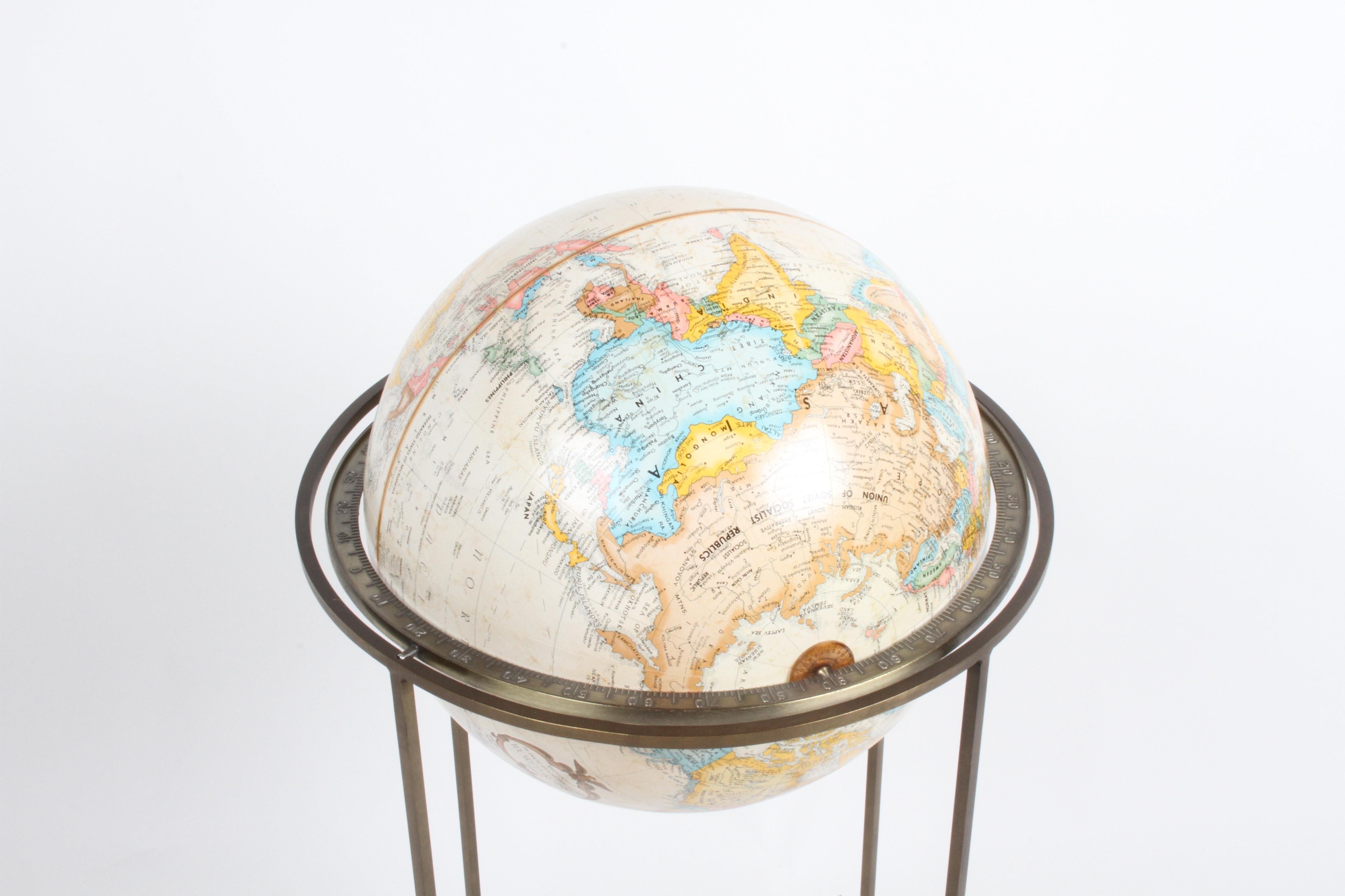 Mid-Century Modern 1970s Paul McCobb Style Brass Stand Replogle Globe In Good Condition For Sale In St. Louis, MO