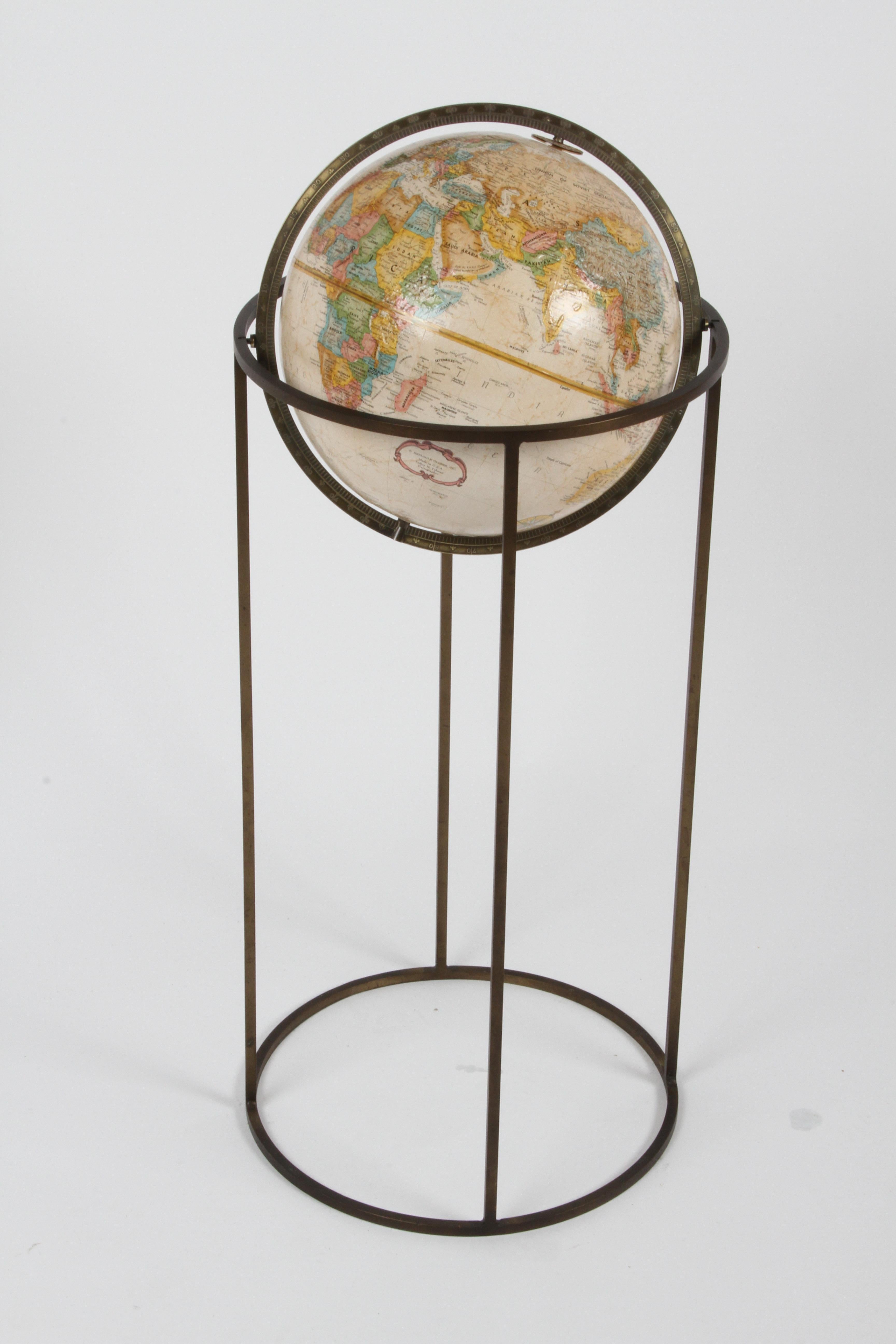 Mid-Century Modern 1970s Paul McCobb Style Brass Stand Replogle Globe 1