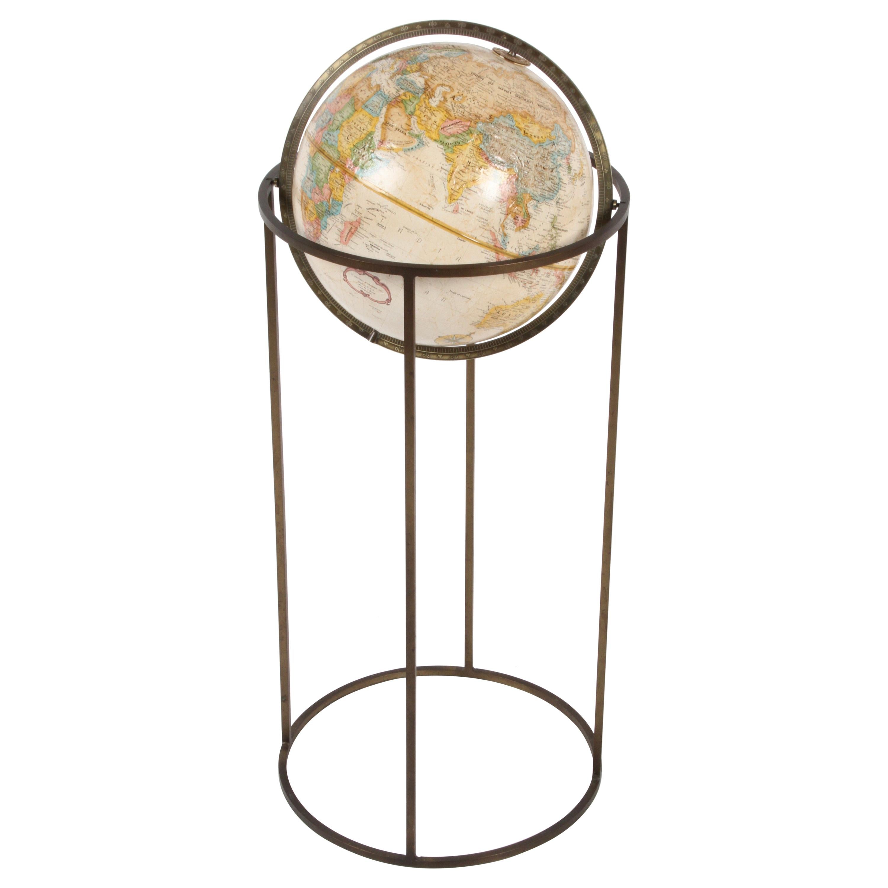 Mid-Century Modern 1970s Paul McCobb Style Brass Stand Replogle Globe